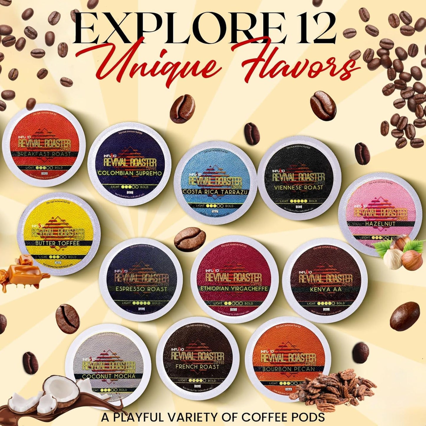 InfuSio Coffee Pods Variety Pack – 48 Count, 12 Crafted Medium & Dark Roast Blends and Artisan-Inspired Flavors Like Bourbon Pecan & Butter Toffee, Revival Roaster Collection, Compatible with Keurig 2.0 Brewers