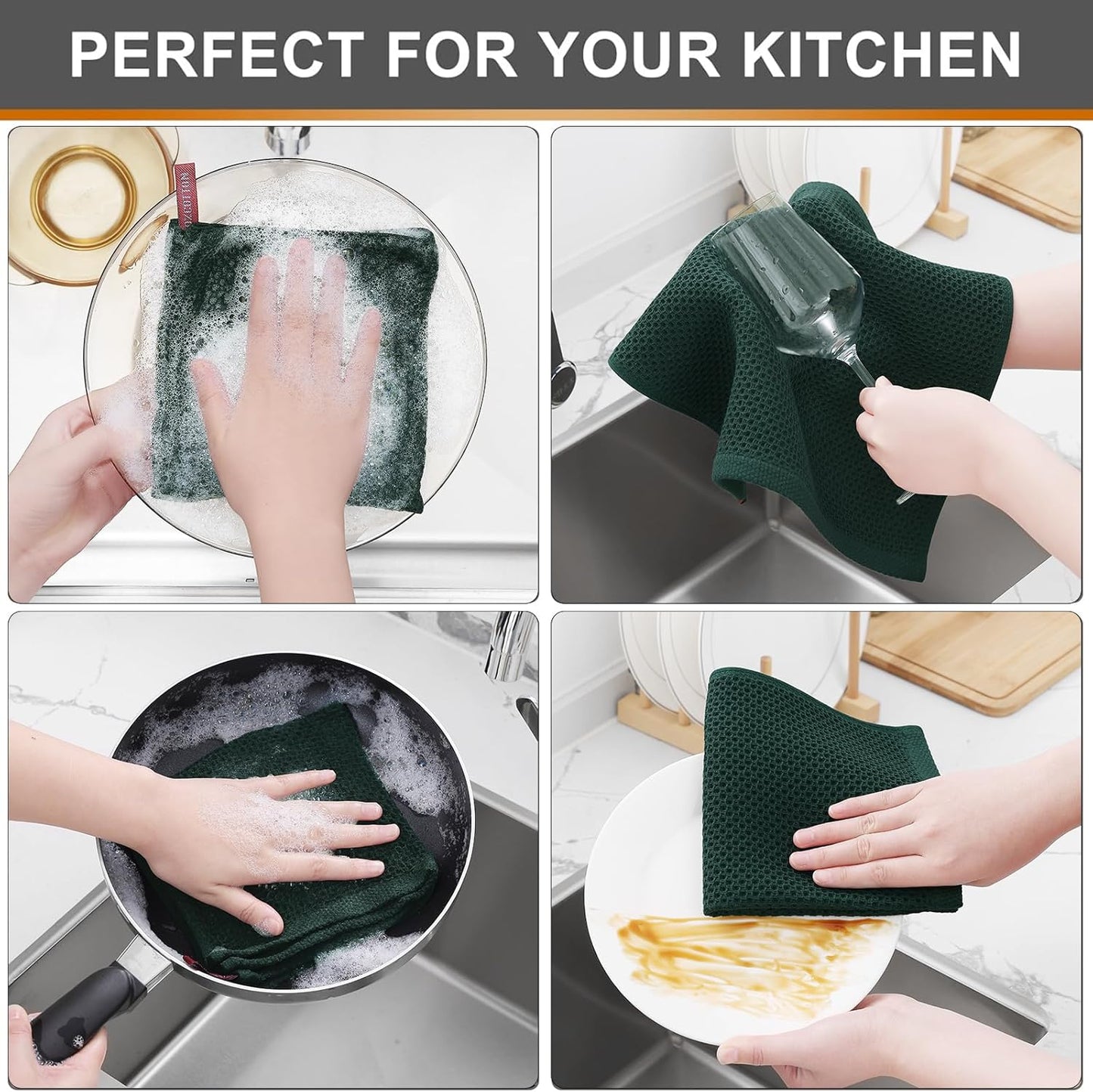 Kitinjoy 100% Cotton Kitchen Dish Cloths, 8 Pack Waffle Weave Ultra Soft Absorbent Dish Towels for Drying Dishes Quick Drying Kitchen Towels Dish Rags, 12 X 12 Inches, Blackish Green