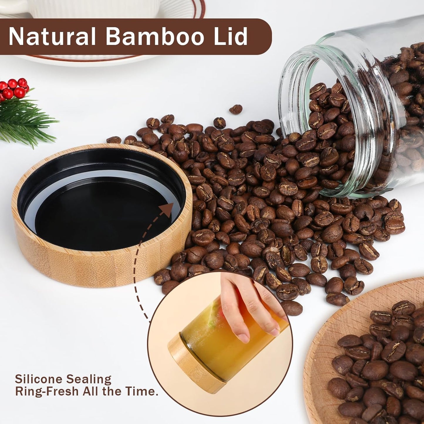 OcePor 4 Pack Glass Jars with Bamboo Lids, Over Night Oats Container with Airtight Lid, Glass Snack Storage Salad Jars For Food, Yogurt, Sugar and Flour,Coffee Bean, Cookie, Cereal