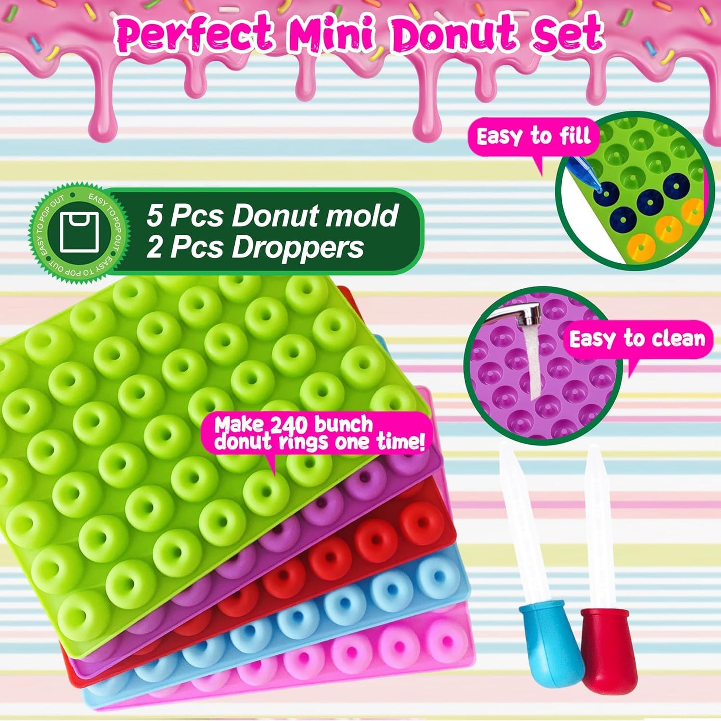 5 Pack Gummy Rings Candy Molds Silicone Round Mini Donut Mold with 2 Dropper,Non-Stick Food Grade Mold for Hard Candies, Chocolate, Ice Cube