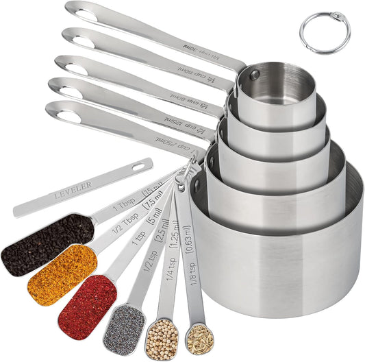 Measuring Cups and Spoons Set, 18/8 Stainless Steel Measuring Cups and Spoons Set for Kitchen & Baking, 5 MeasurE Cups &6 Long MeasurE Spoons&Leveler, Metric Measure Tools for Dry & Liquid