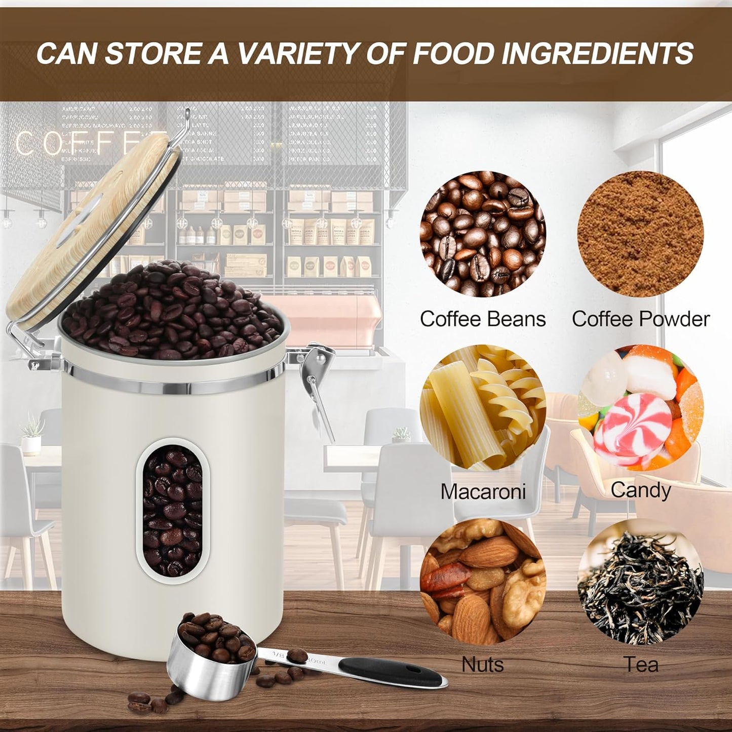 1800ML Airtight Coffee Canister with Date Tracker&Transparent Window, 22.8OZ Coffe Beans Storage with 30ML Measure Spoon&4 co2 Valve, Coffee Container for Grounds Coffee, Beans, Tea, Sugar(Beige)