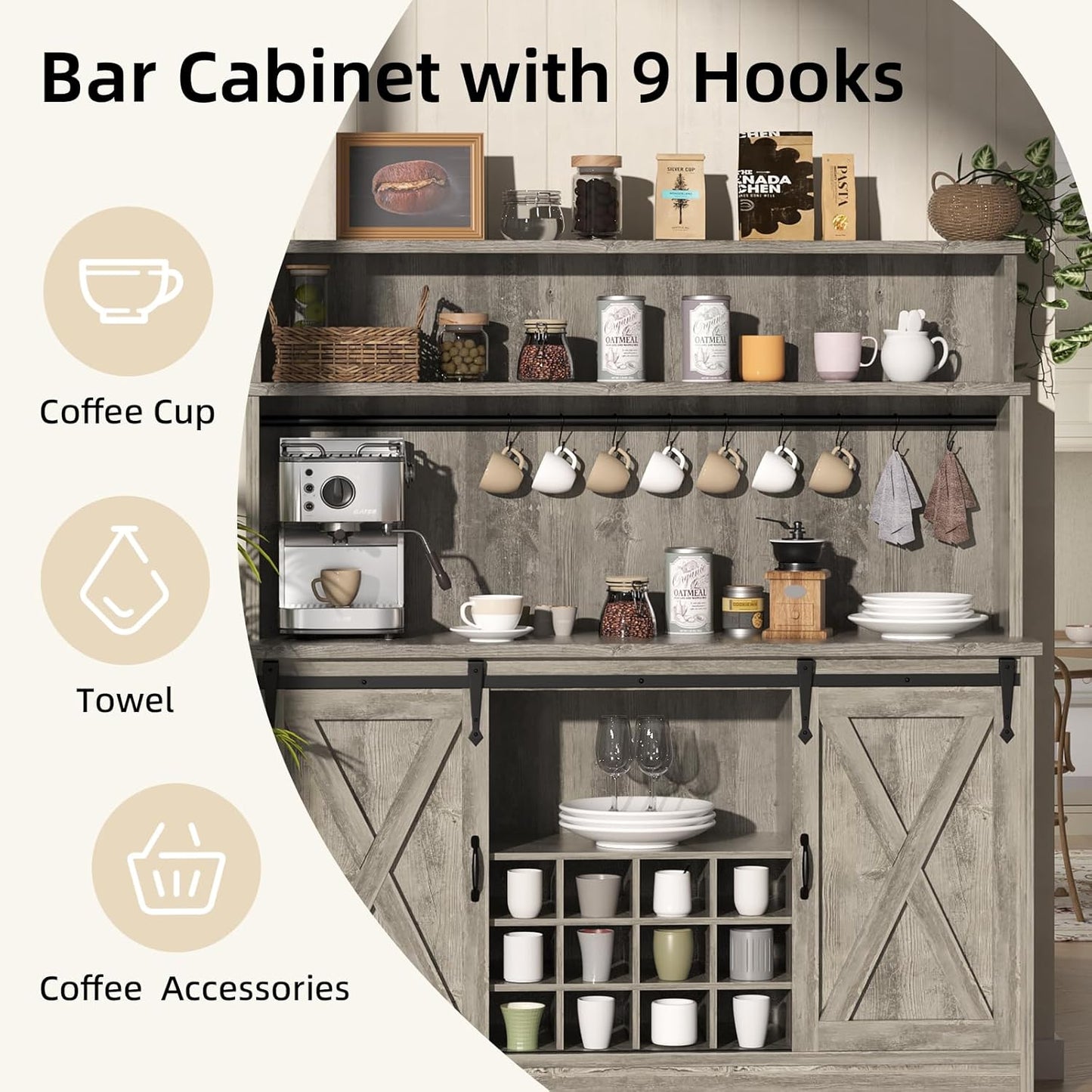 55'' Farmhouse Coffee Bar Cabinet with 3 Tier Storage Hutch, Coffee Bar Station with Sliding Barn Door, Hutch Storage Cabinet with 12 Wine Racks & 9 Hooks for Kitchen Dining Living Room