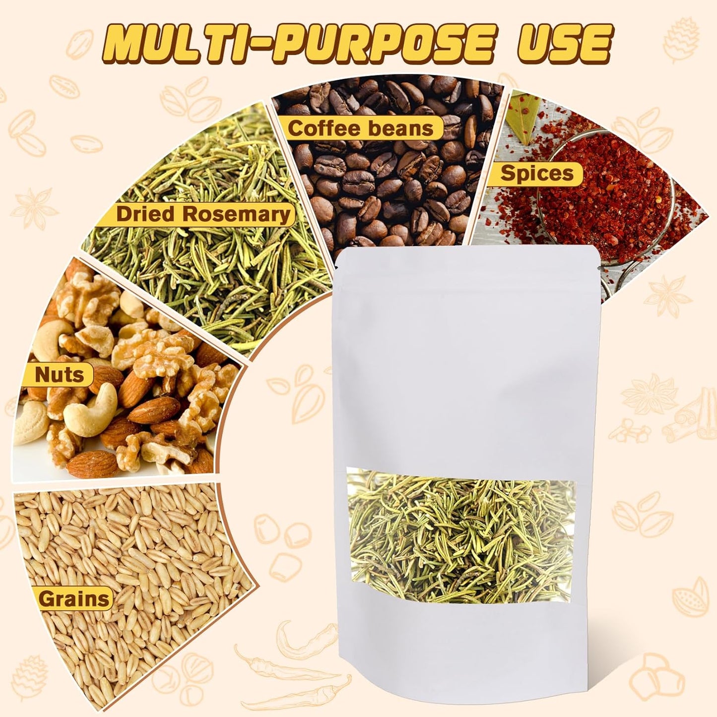 Jetmore-50pack-Smell-Proof-Bag, Reusable Zip Lock Bags with Window, Resealable Stand Up Packaging Bags, Brown Paper Pouches for Coffee, Tea, Herbs, Spice, Snack, Baked Goods, Goodie Bags