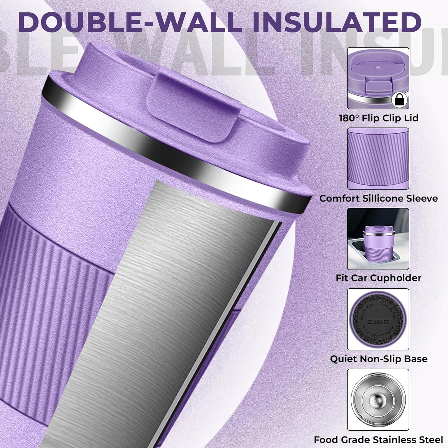 Insulated Coffee Tumbler 17 oz, Stainless Steel Coffee Mug with Lids, Travel Coffee Mug Leak Proof, Double Wall Vacuum Insulated Reusable Coffee Cup, Keep Drinks Hot and Cold (Lavender, 17 Ounces)