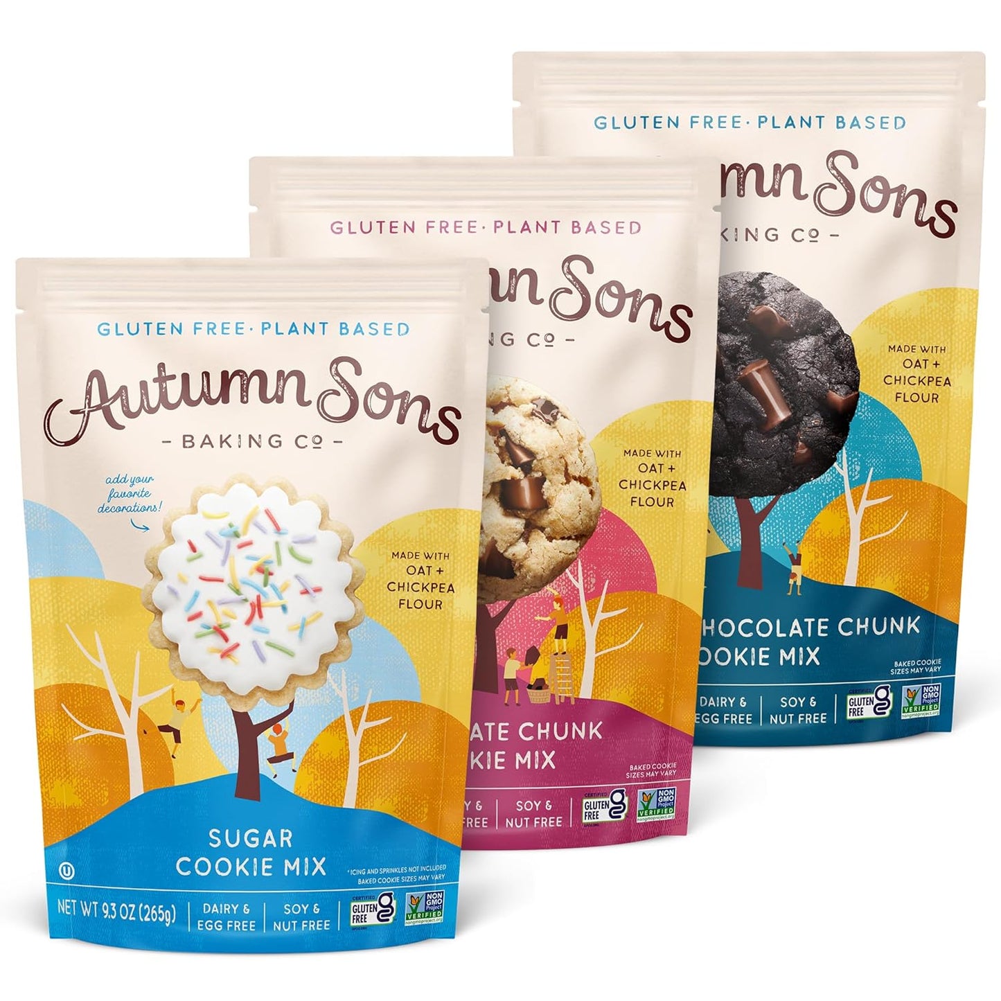 Autumn Sons Baking Co. Gluten Free Cookie Mix Variety Pack. Sugar Cookie, Chocolate Chunk & Double Chocolate Chunk. Vegan Plant Based Baking Mix. Free From 11 Common Allergens. 9.3 oz (Pack of 3)