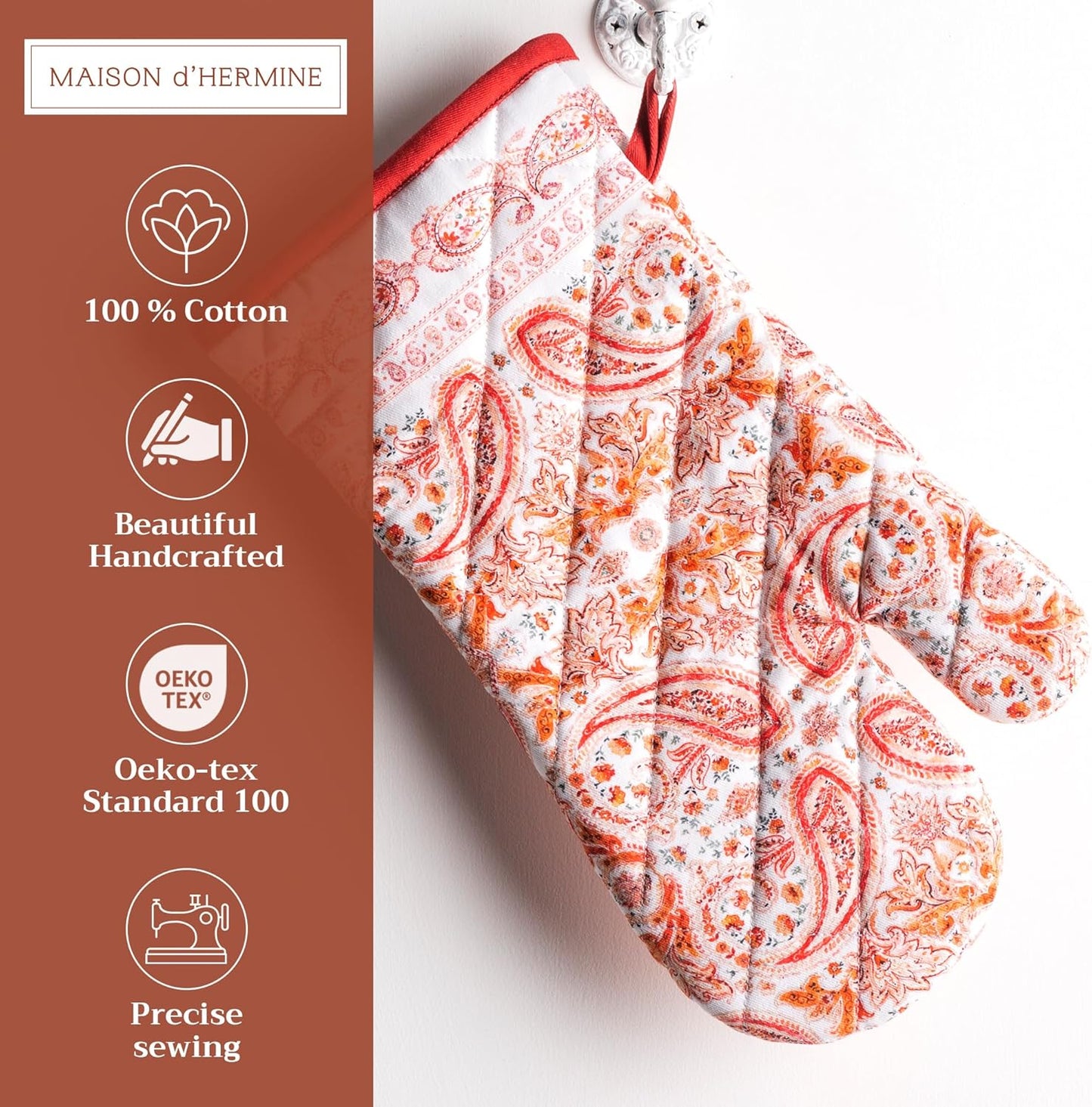Maison d' Hermine Oven Gloves 100% Cotton Oven Mitt 7" x 13" with Loop Heat Resistant, BBQ, Cooking Gloves, Baking, Grilling, Kitchen, Handling Hot Pans (Pack of 1, Orient)