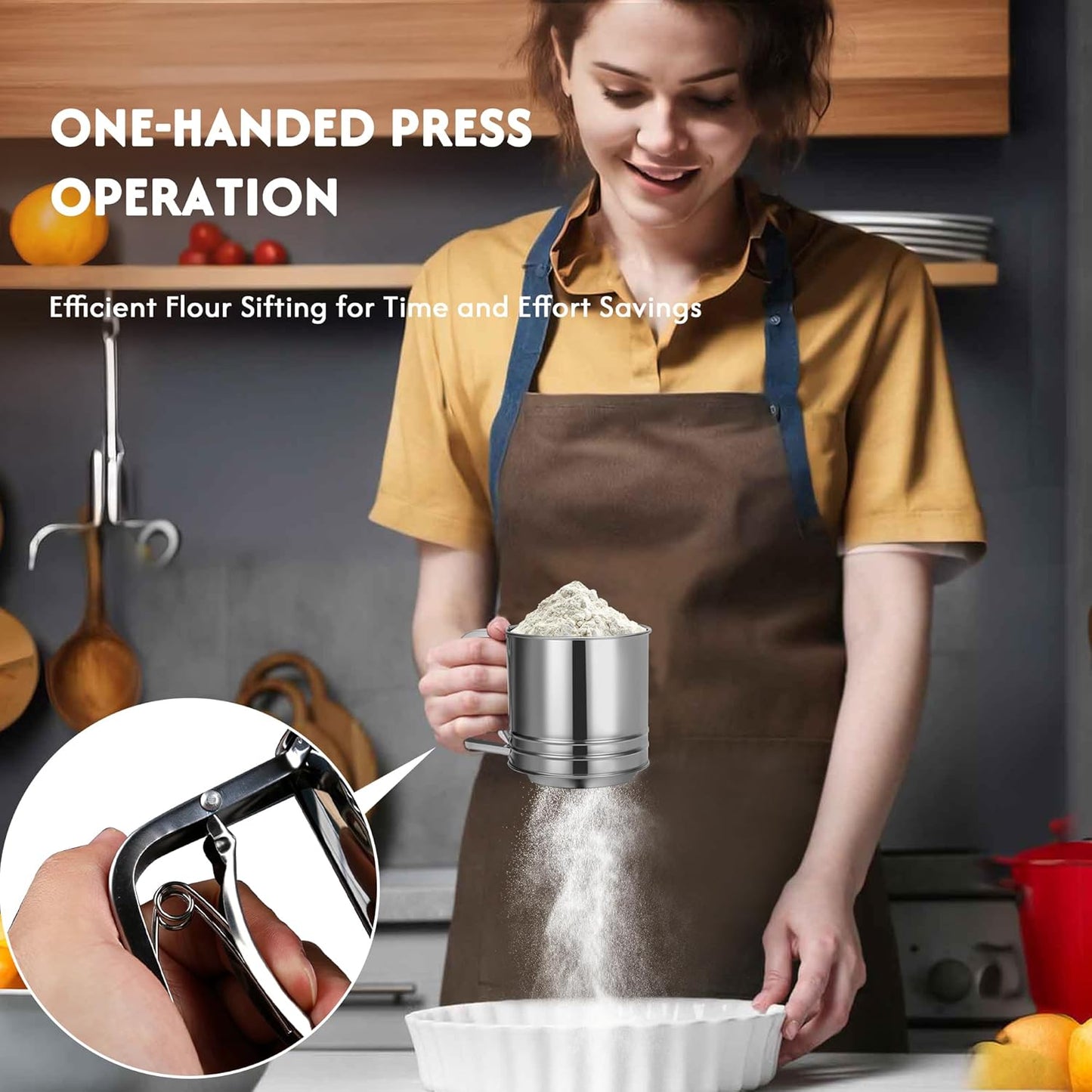 5-Cup Flour Sifter for Baking, Large Capacity Stainless Steel Hand Press Sifter with Double-Layer Fine Mesh - Includes Bonus Dough Scraper/Cutter for Bread & Pastry (White)