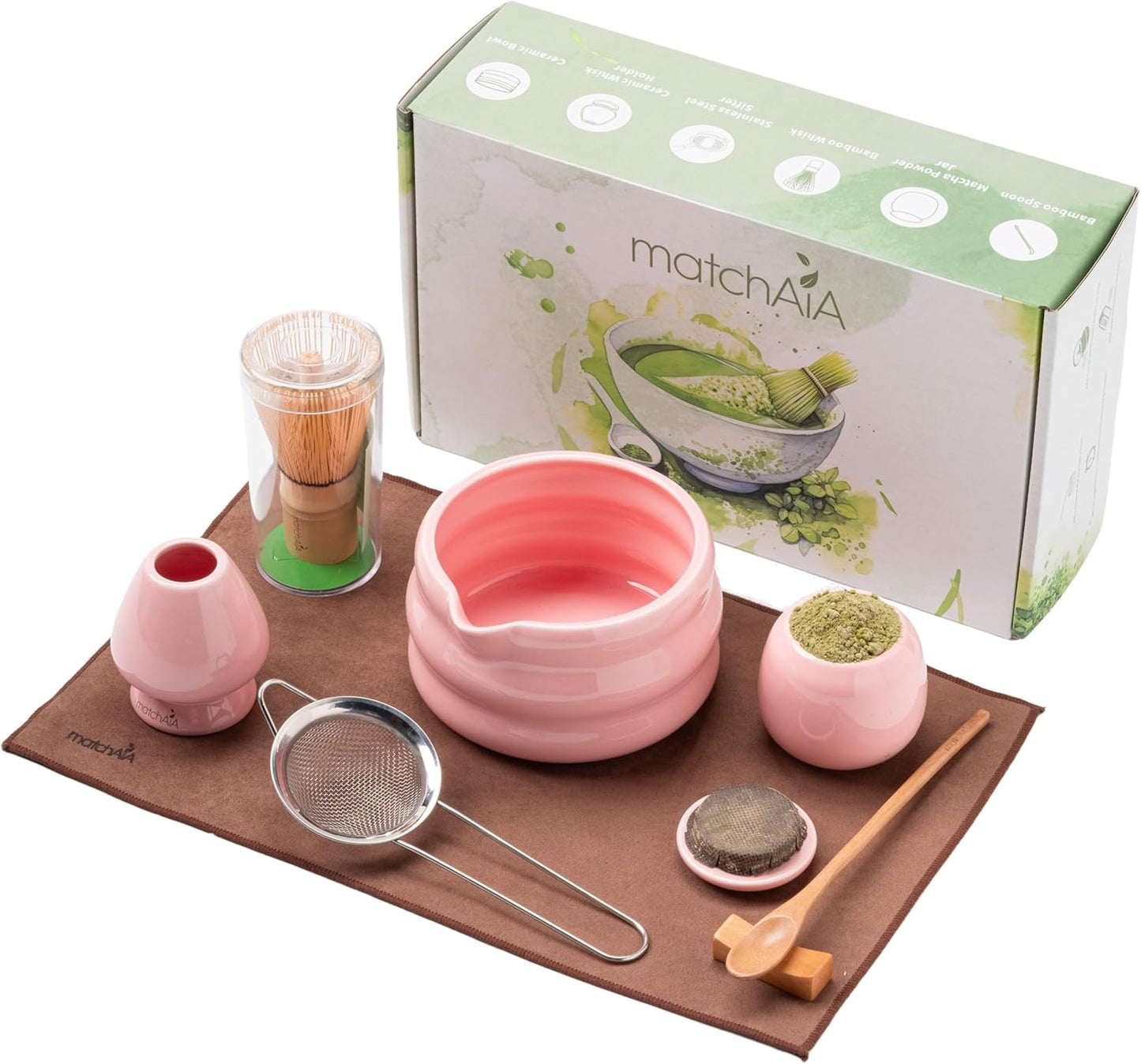 8 Pcs Matcha Set - Ceramic Bowl, Bamboo Whisk with Holder, Canister, Sifter, Schima Spoon, Spoon Rest and Tea Towel, Complete Kit for Traditional Matcha and Modern Lattes (Pink)