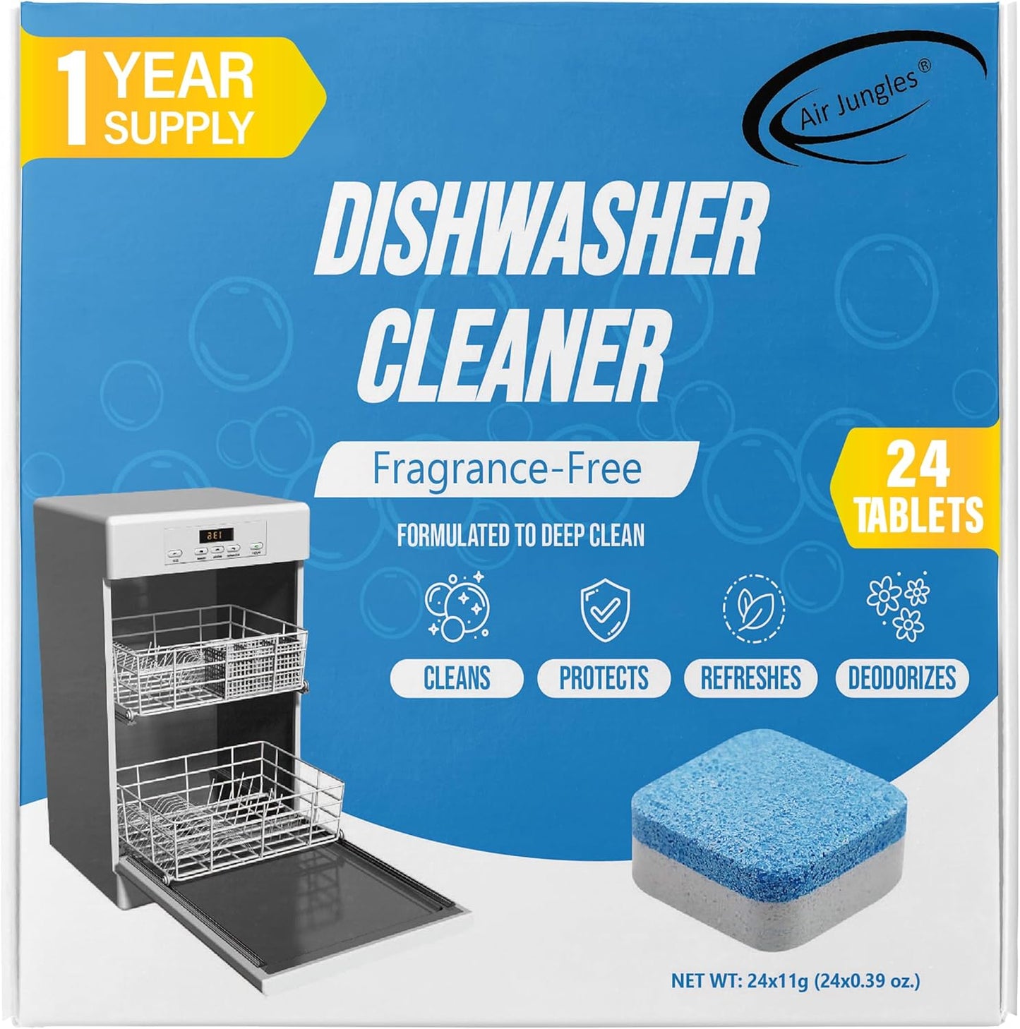 Air Jungles Dishwasher Cleaner Tablets 24 Count, Fragrance Free, Deep Cleaning Descaler Pods, Clean Dishwasher Machine, Remove Limescale, Hard Water, Calcium, Odor, 12 Month Supply