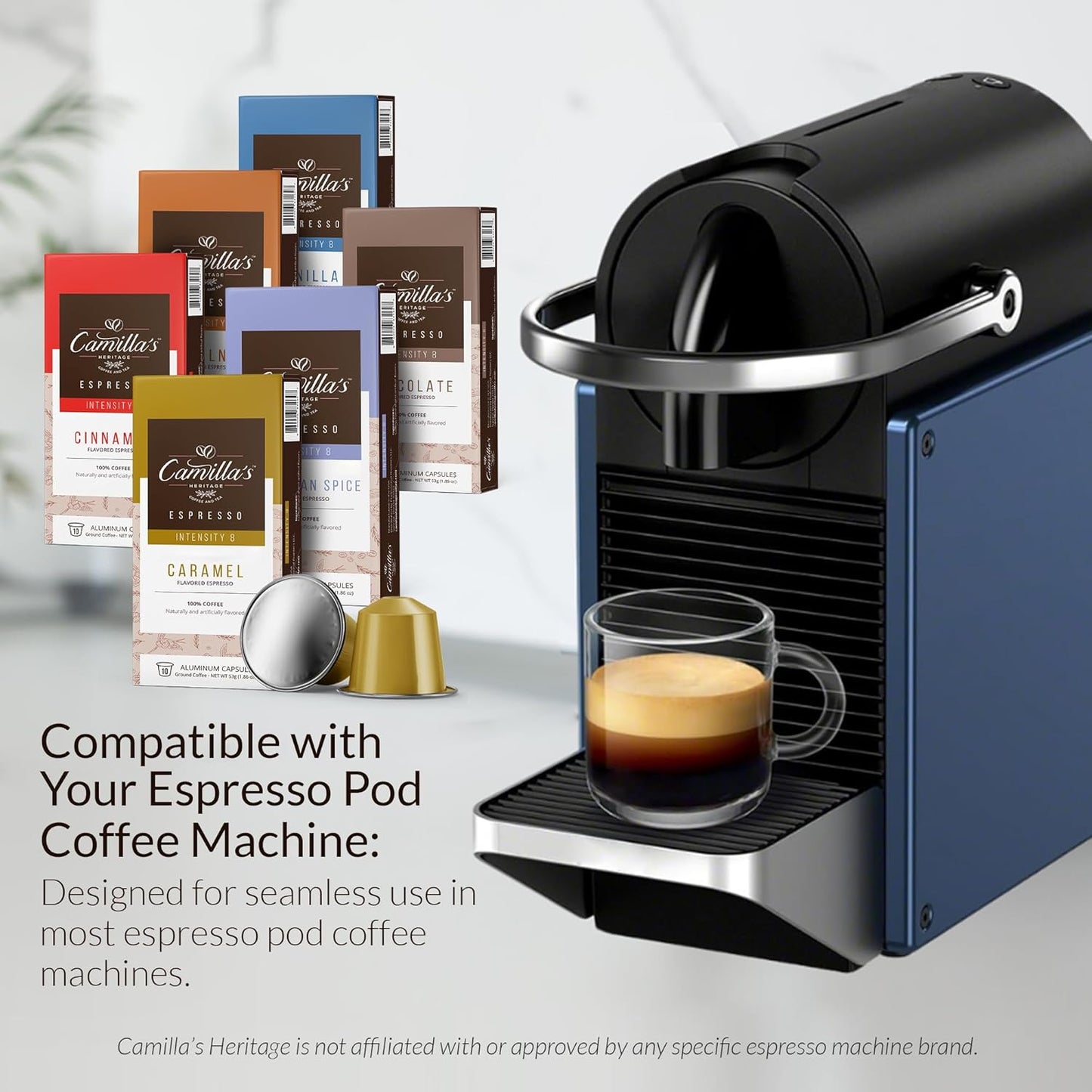 Camilla’s Heritage - Intensity 8 Flavored Espresso Coffee Variety Pack (Caribbean Spice, Cinnamon, Hazelnut, Chocolate, Caramel & Vanilla Espresso Cups) 60 Coffee Pods