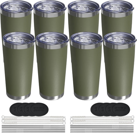 Travel Coffee Tumbler 20oz, 8 Pack Leakproof Travel Coffee Mug with Lid and Straw, Stainless Steel Double Wall Vacuum Insulated Tumbler for Hot/Iced Drinks (Textured Matte, Army Green)