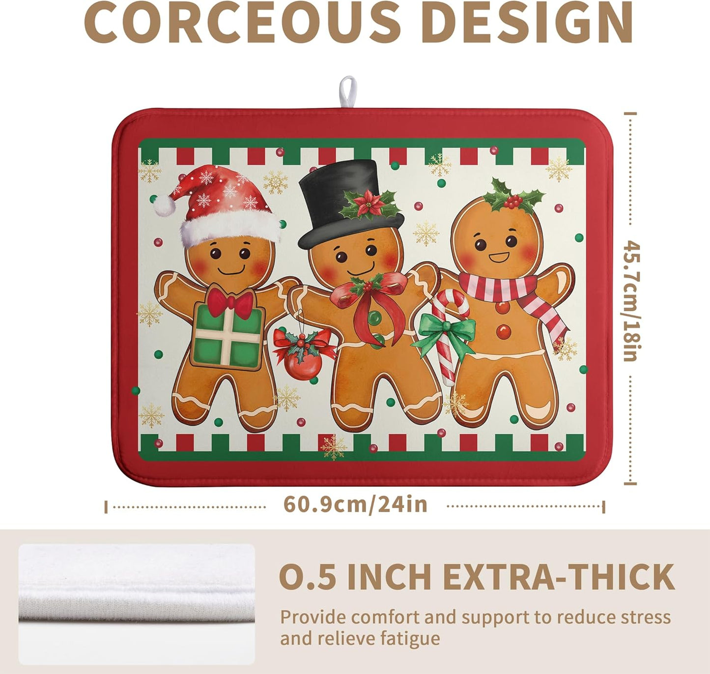 Christmas Gingerbread Man Dish Drying Mat Winter Large Kitchen Mats Dish Drying Pad Xmas Candy Absorbent Dish Dryer Mat for Kitchen Countertops Microfiber Drainer Pad Dish Drying Mats (18x24 in)