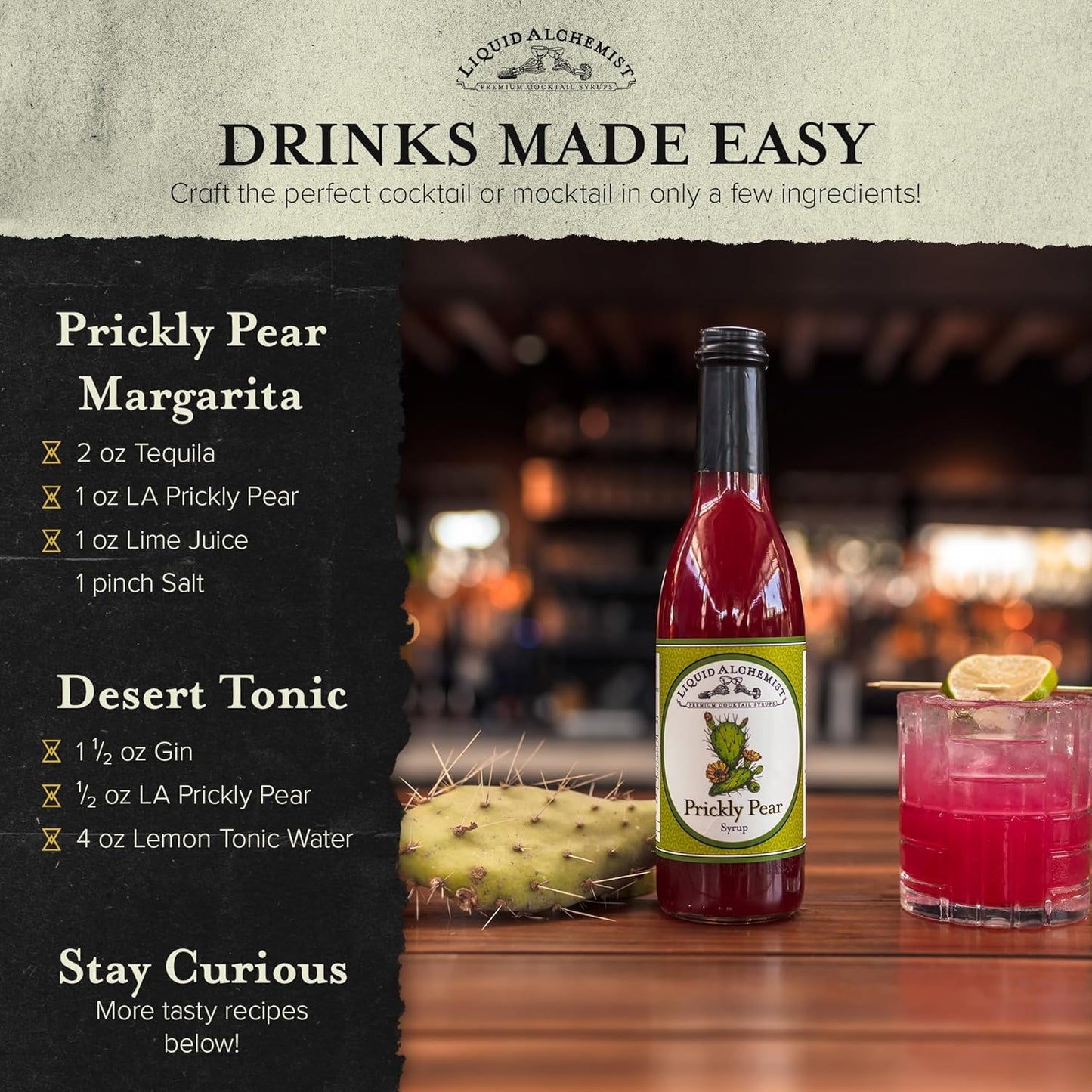 Liquid Alchemist Prickly Pear Syrup for Cocktails - Real Ingredients Make our Prickly Pear Puree a Perfect Margarita Mix - Our Vegan Drink Syrups are Non-GMO & Last up to 2 Years (12 oz)