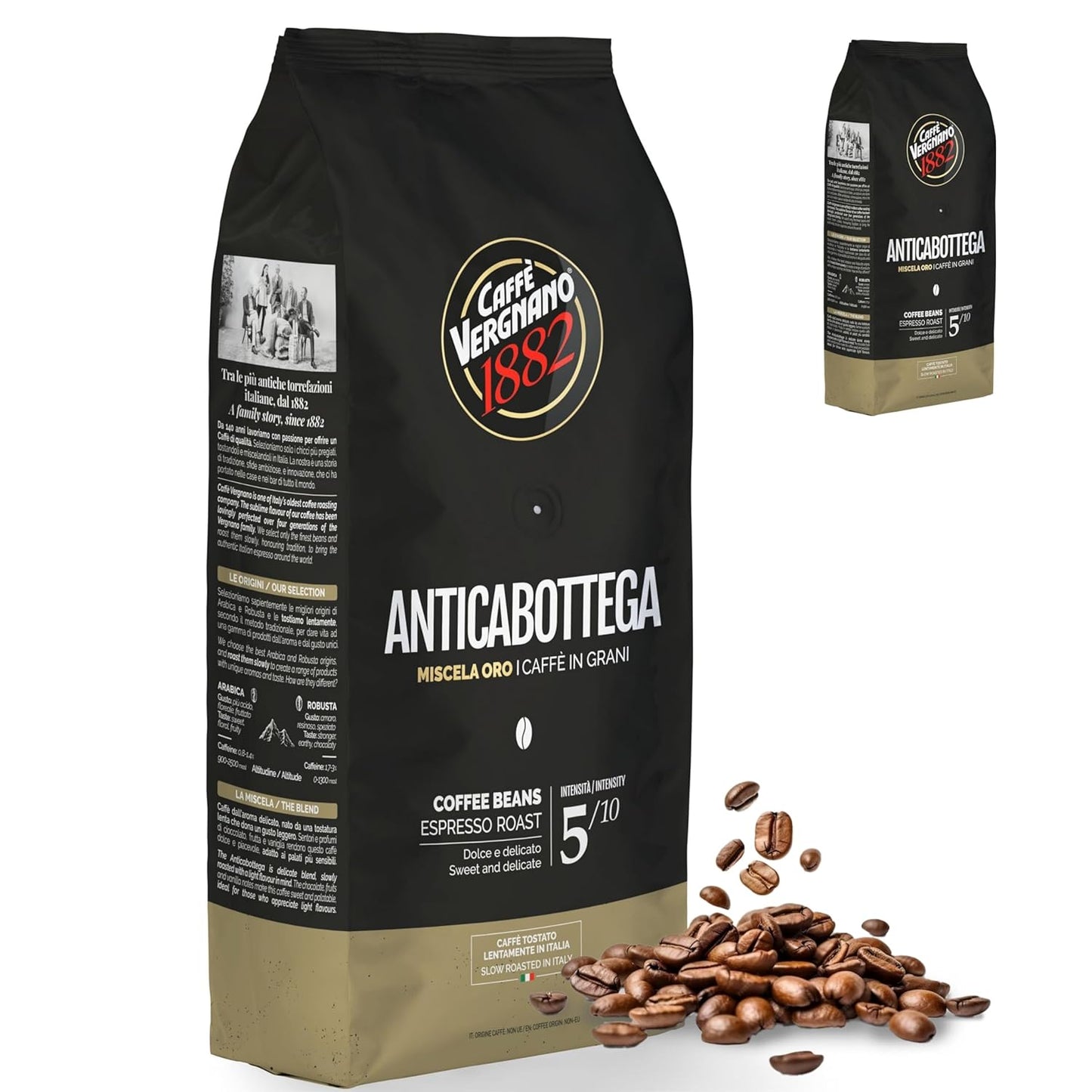 Caffe Vergnano 1882 Antica Bottega Whole Bean Arabica Medium Roast Espresso, 2.2 lbs Bag - Italian Coffee Beans with notes of Chocolate, Nuts & Caramel, Intensity 5/10-1000g Bag (2 Pack)