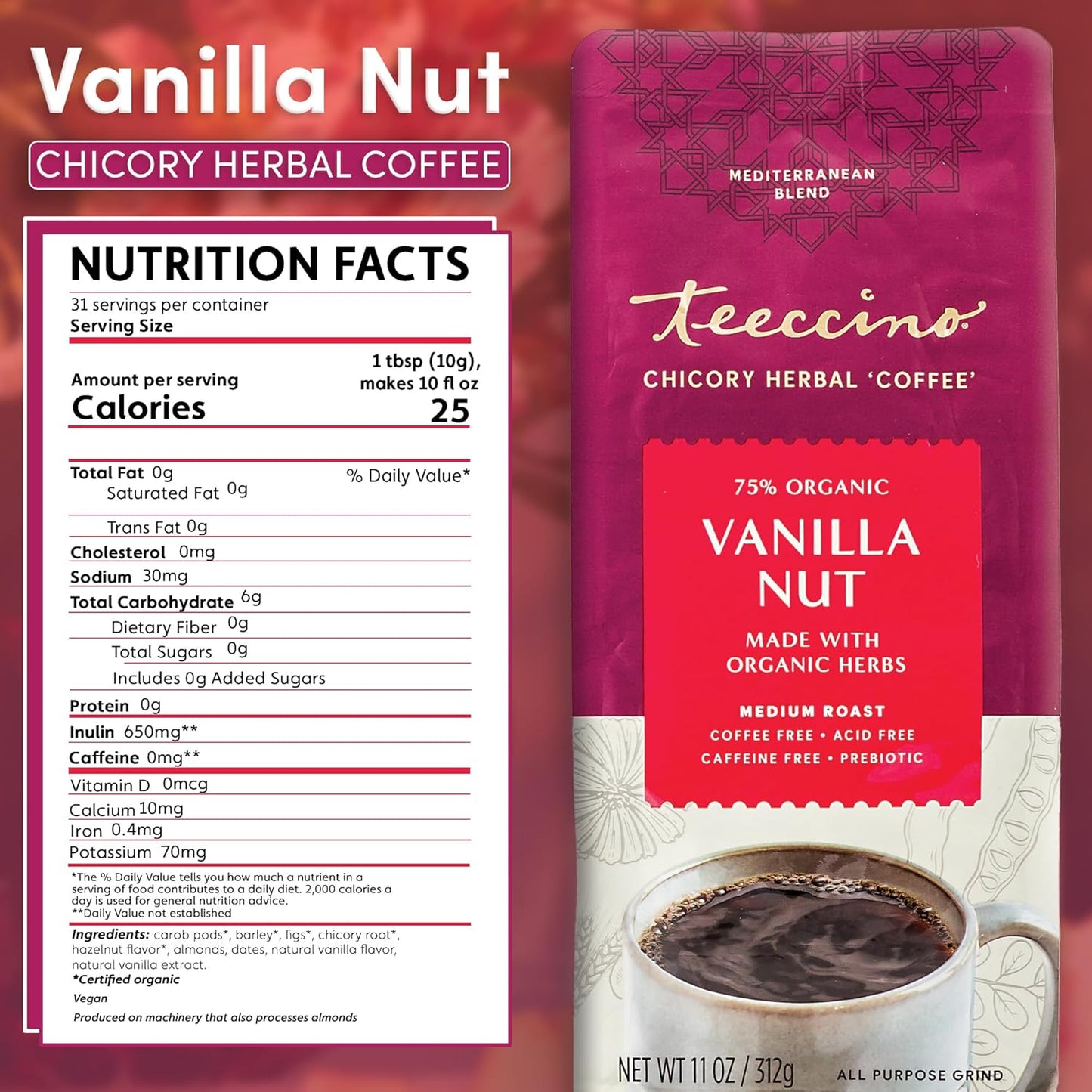 Teeccino Vanilla Nut Chicory Coffee Alternative - Ground Herbal Coffee That’s Prebiotic, Caffeine Free & Acid Free, Medium Roast, 11 Ounce (Pack of 6)