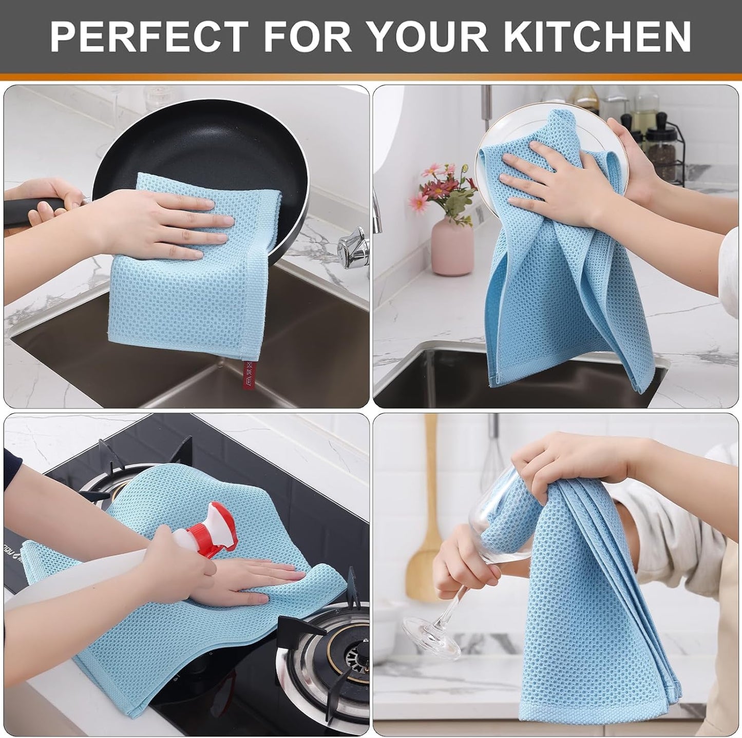 Kitinjoy 100% Cotton Waffle Weave Kitchen Towels (13 X 28 Inches, Sky Blue), 4-Pack Super Soft and Absorbent Dish Towels for Drying Dishes, Kitchen Hand Towels