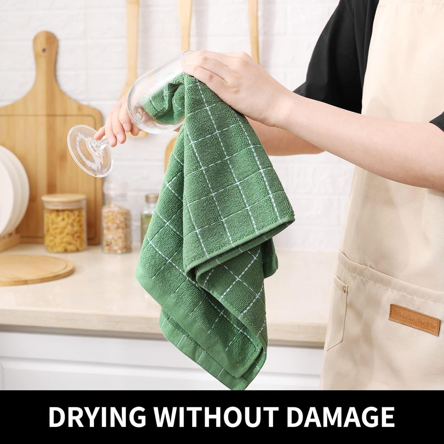 Homaxy 100% Cotton Terry Kitchen Towels(Grass Green, 13 x 28 inches), Checkered Designed, Soft and Super Absorbent Dish Towels, 8 Pack