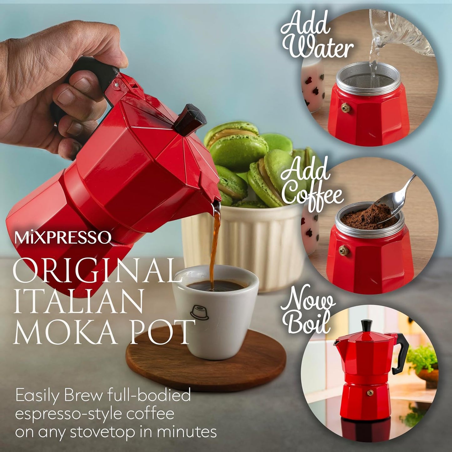 Mixpresso Red 3 Cup Moka Pot Cuban Coffee Maker, Moka Pot for Gas, Electric Stove Top, Classic Italian Coffee Maker, Stovetop Espresso Maker, Camping Pot Makes 3 Espresso Cup 5 Oz