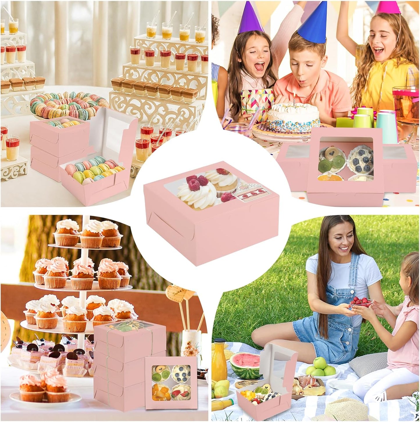OAMCEG 30 Pack Cookie Boxes with Window, 6x6x3 Inches Pink Cupcake Boxes, Bakery Treat Boxes with Stickers & Twine for Pastry, Desserts, Strawberries, Cupcakes, Gift Giving