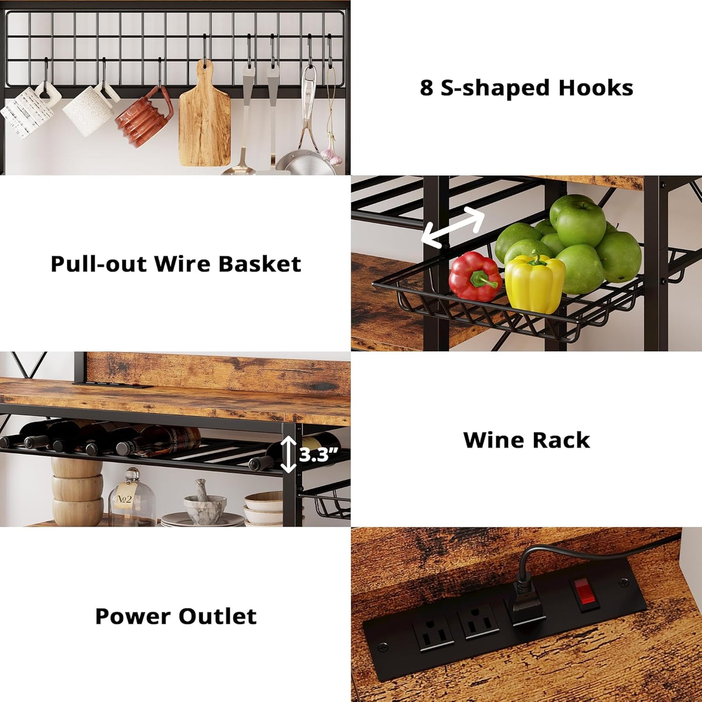 IRONCK Large Bakers Rack with Power Outlet, 62 Inch Wide Microwave Stand, Coffee Bar with Storage, Kitchen Racks and Shelves