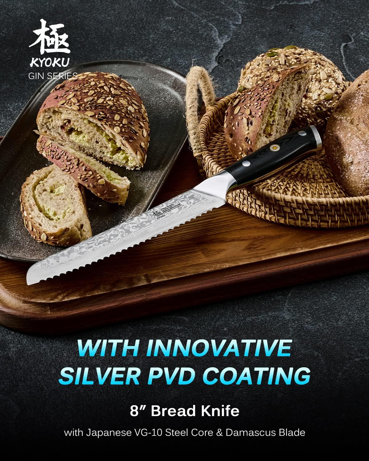 KYOKU 8" Serrated Bread Knife - Gin Series - VG10 Damascus Japanese Steel Kitchen Knife with Silver Ion Blade G10 Handle Mosaic Pin, Professional Razor-Sharp Bread Cutting Slicing