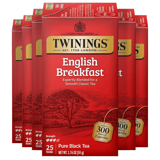 Twinings English Breakfast Black Tea Individually Wrapped Bags, 25 Count (Pack of 6), Flavourful, Robust Black Tea, Caffeinated, Enjoy Hot or Iced, 150 Teabags