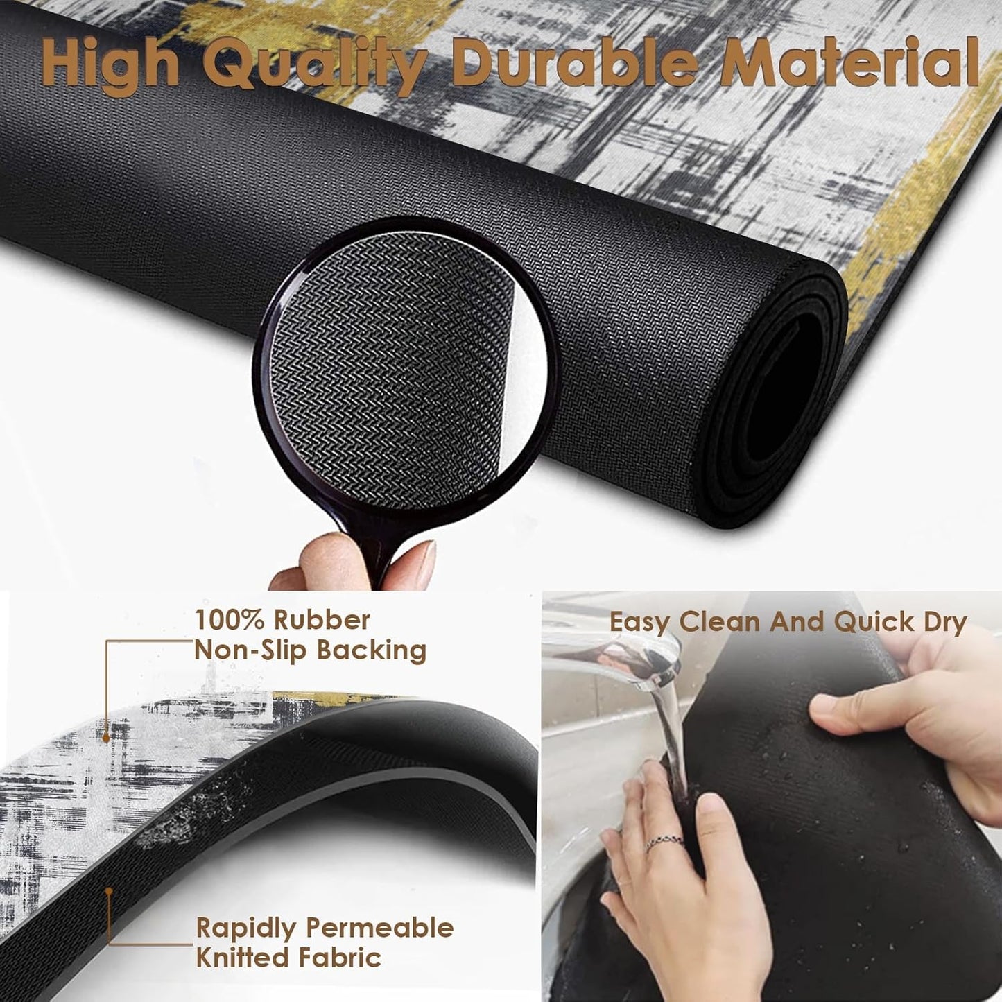 Arttown Coffee Mat for Countertops, Abstract Black Golden Minimalism Grey Dish Drying Mat 2 Pcs for Kitchen Bar Accessories, Coffee Maker Espresso Machine Dish Rack Hide Stain Rubber 12x19in