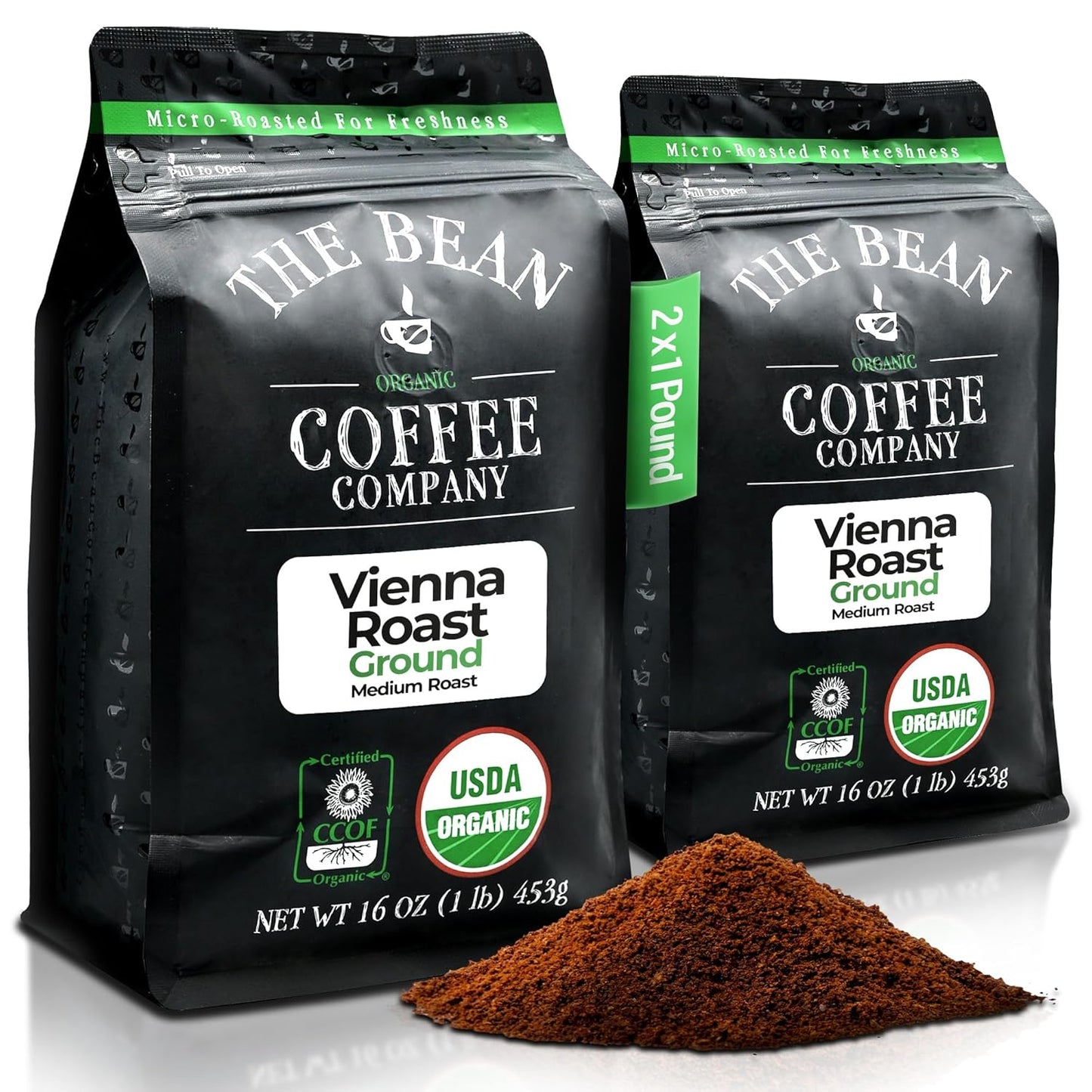 The Bean Organic Coffee Company Vienna Roast, Medium, Ground Coffee, 16-Ounce Bags (Pack of 2), Café molido tostado orgánico