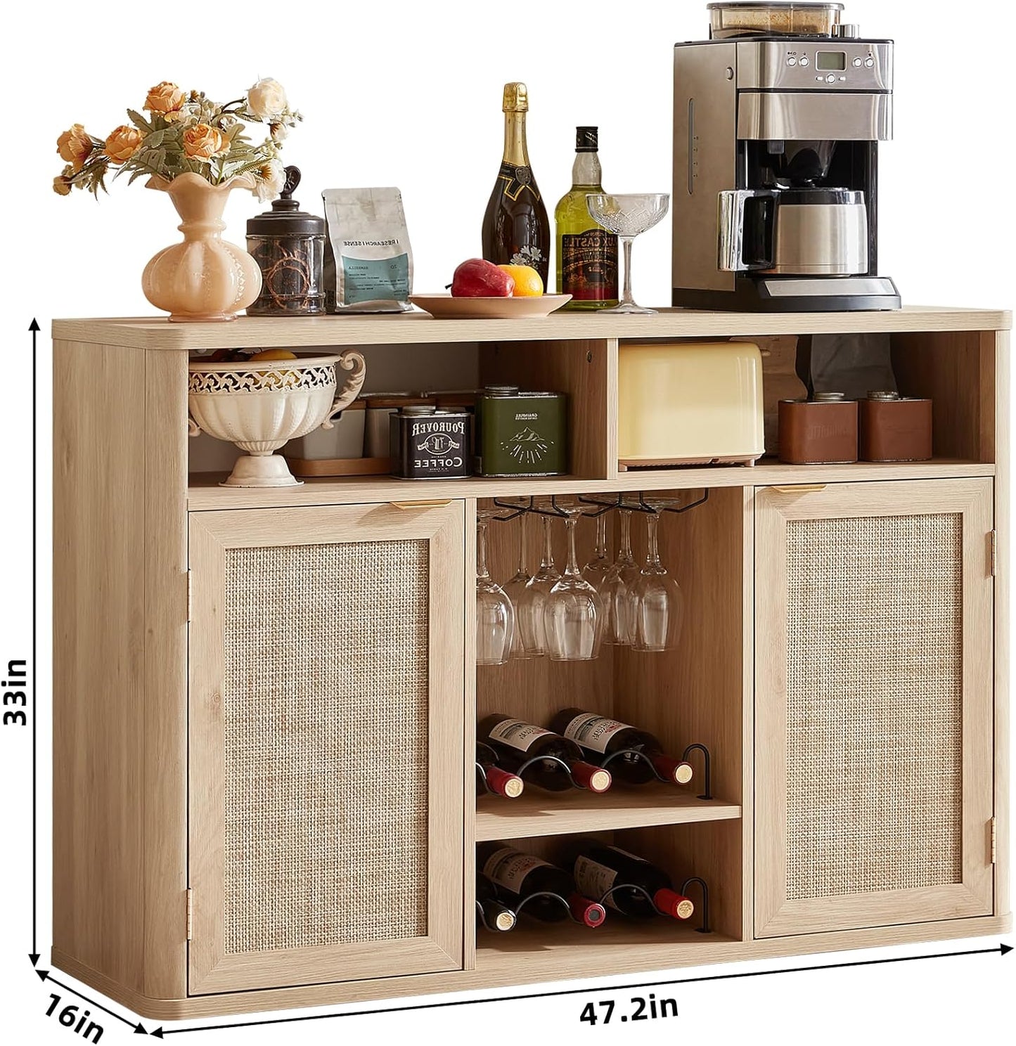 Lerliuo 47.2" Rattan Wine & Liquor Cabinet with 2 Doors, Boho Farmhouse Coffee Bar Station, Built-in Wine Racks & Storage, Adjustable Shelves for Living Room, Dining Room, Kitchen, Natural Wood