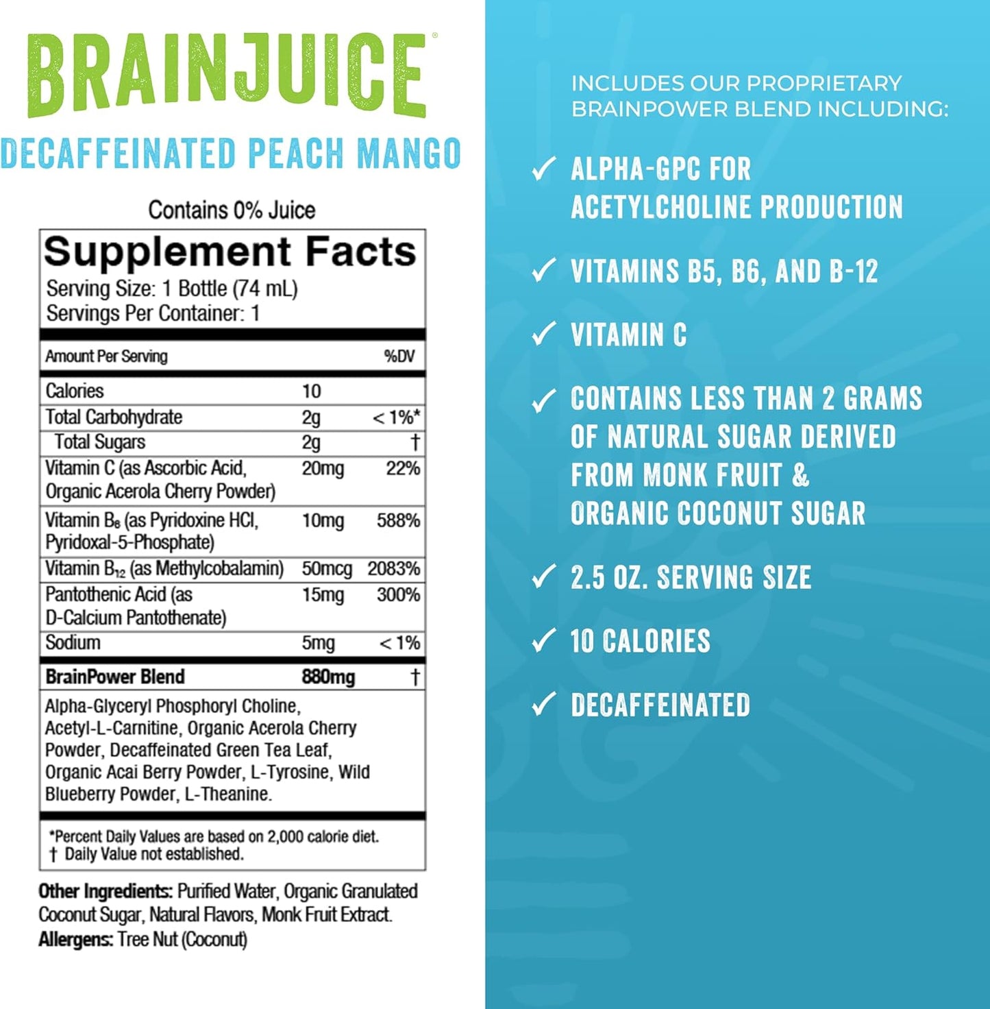 BrainJuice Decaf Brain Support Shot, Gluten Free Supplement Shots for Energy & Focus, Healthy Drinks with Alpha GPC, Vitamin B & Decaffeinated Green Tea Leaf, Classic, 2.5 fl oz, 12 Pack