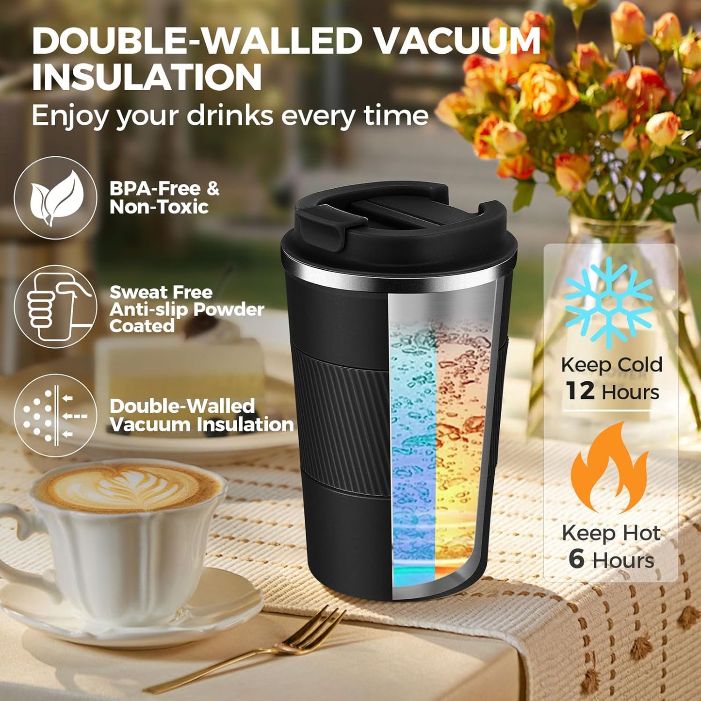 Volhoply 13 oz Stainless Steel Insulated Travel Coffee Mug with Fip Lid Bulk 8 Pack,Reusable Double Wall Vacuum Metal Coffee Cup,Portable Leak Proof Thermal Tumbler for Hot&Cold Drinks(Assort Color,8)