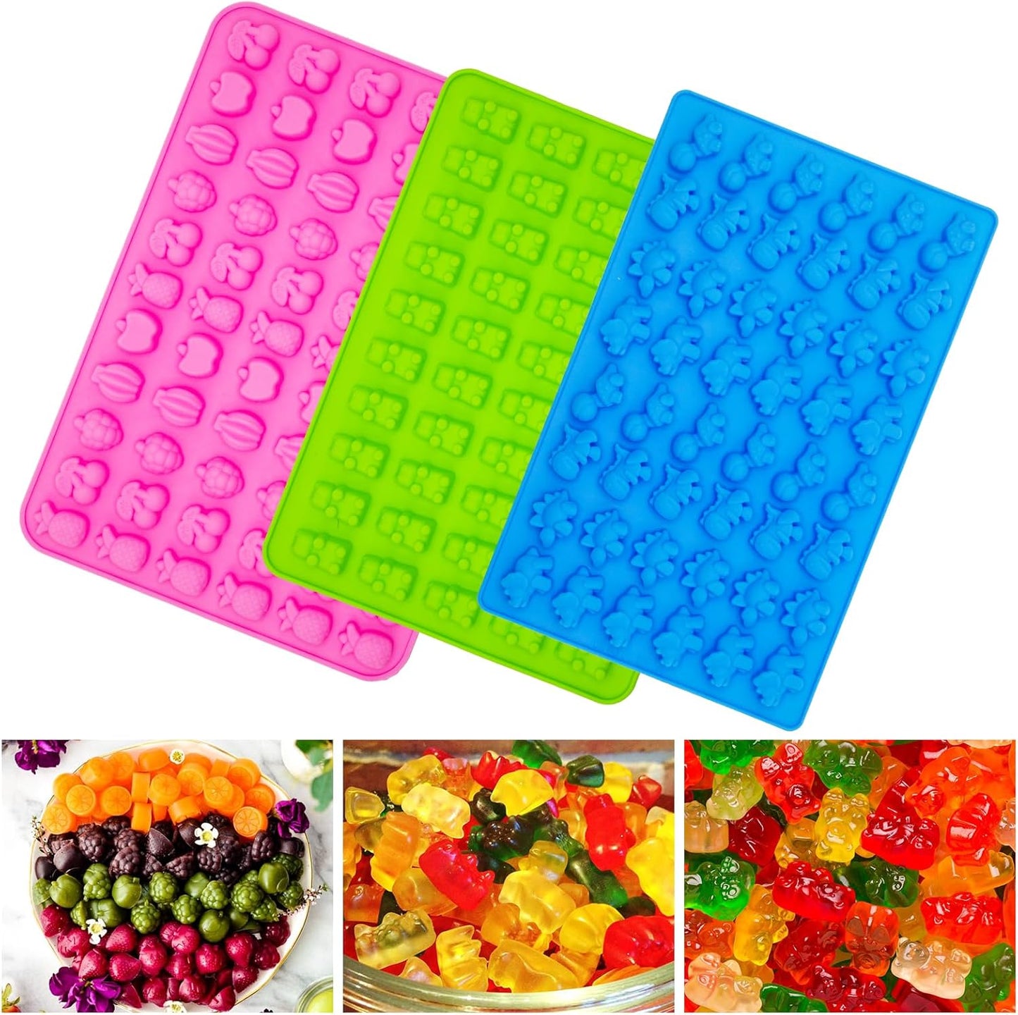 Gummy Candy Molds - Silicone Gummy Bear/Dinosaur/Fruit Snack Molds for Kids With 2pcs Dropper,Non-stick and Bpa Free for Mini Candy Chocolate Gummies Baking