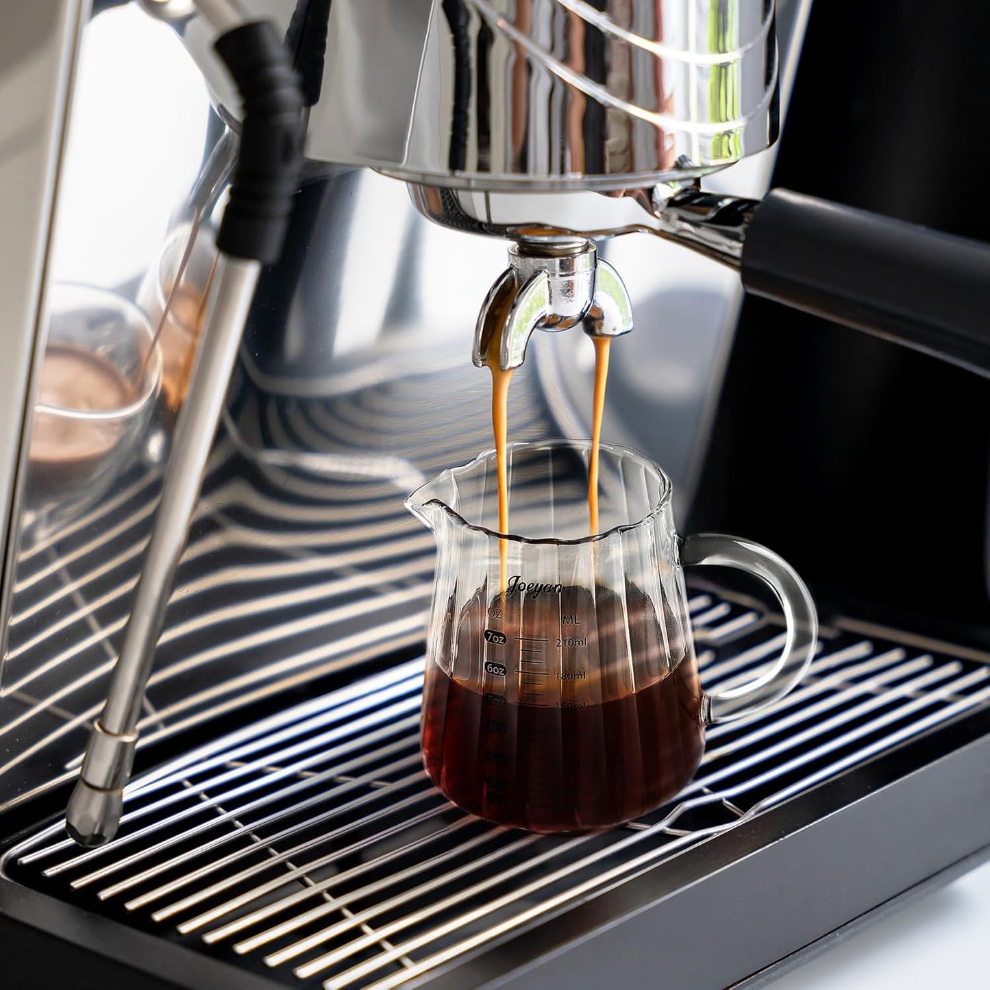 Joeyan 7 oz Glass Measuring Cups with Spout,Borosilicate Large Glass Triple Pitcher with Scale,Origami Style Espresso Shot Glasses with Wood Handle for Coffee Milk