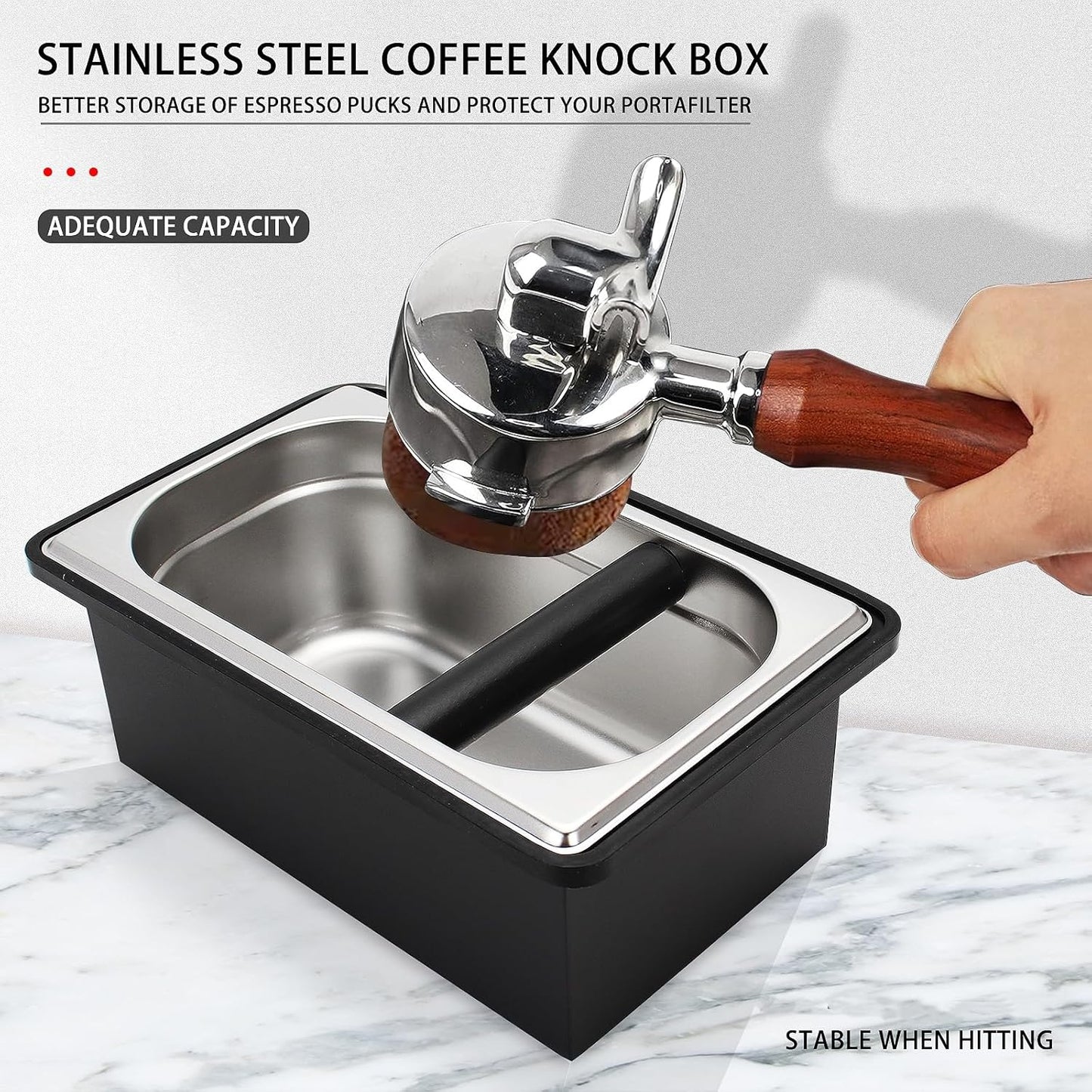 Espresso Knock Box,Stainless Steel Coffee Pucks Container, with Steel Holder and Noise Reduction Rubber Ring (10.94 x 6.88 x 4.25 inch)