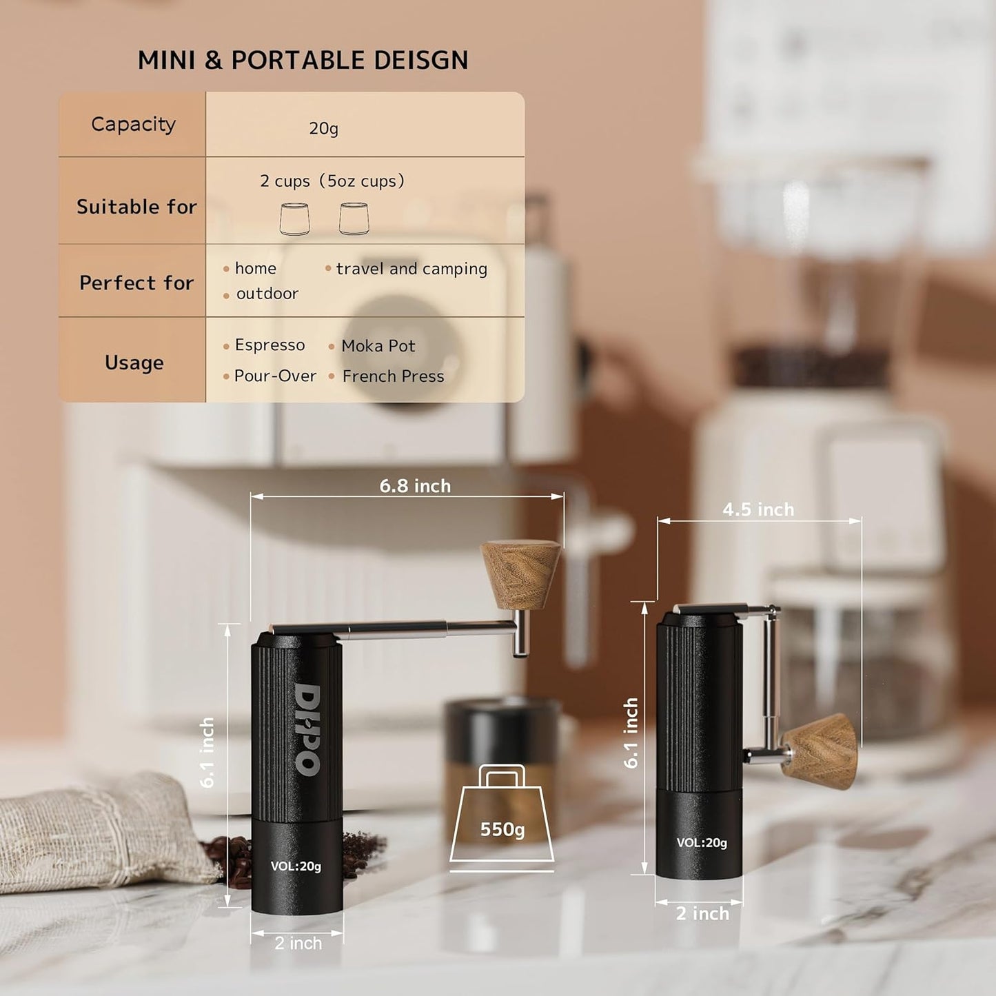 DHPO Sky-Two Manual Coffee Grinder With 7 Axis Stainless Steel Conical Burr Mill, Portable Hand Coffee Grinder With Foldable Handle For Espresso, Drip, French Press, Camping, Travel, Home, Black