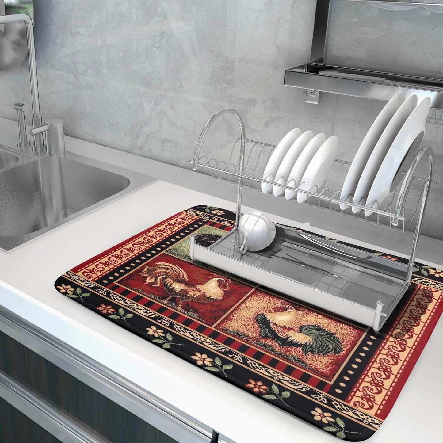 Farmhouse Rooster Dish Drying Mat 18 x 24 Inch Vintage Chicken Flower Absorbent Microfiber Dish Drying Pad Western Country Cabin Decor Dish Drainer Large Mat for Kitchen Counter Coffee Bar