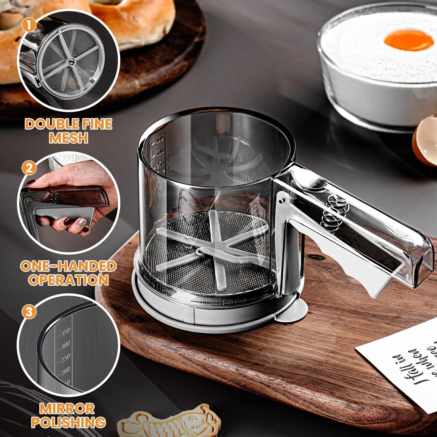 ‌3 Cup Flour Sifter, Sifter for Baking Sifter Handheld Baking Sieve Food-Grade Double-Filter Stainless Steel Flour Sifter Non-Rust Sifter used for Rapid Screening of Flour Apricot Flour Sugar Powder