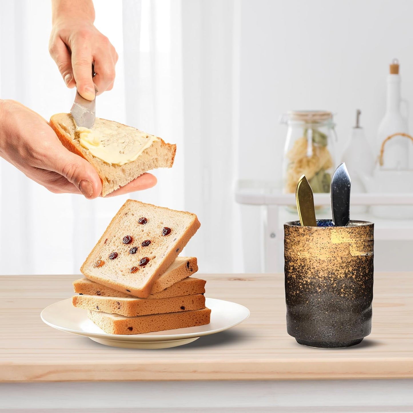 Ceramic Spoon Holder for Coffee Bar, Upright Tea Spoon Holder Cup, Coffee Stirrers Straws Stir Stick Holder, Holder for Spoons and Forks, Sunset Yellow