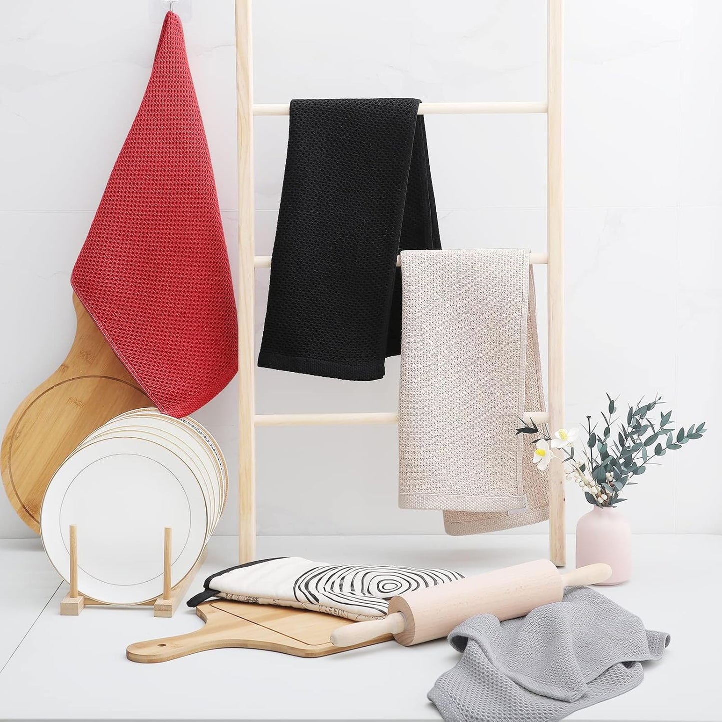 Homaxy 100% Cotton Waffle Weave Kitchen Dish Towels, Ultra Soft Absorbent Quick Drying Cleaning Towel, 13 x 28 Inches, 12-Pack, Brick Red