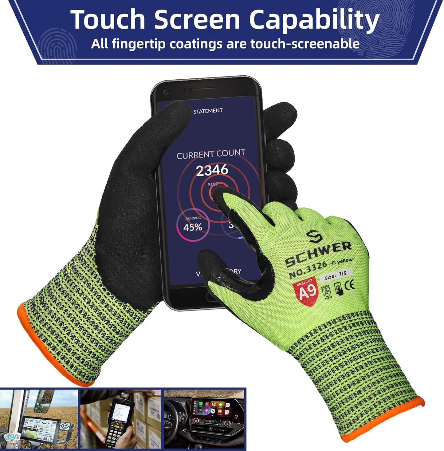 Schwer ProGuard Highest Level Cut Resistant Work Gloves PR3326 for Extreme Protection，ANSI A9 Cut Gloves with Reinforced Thumb, Non Slip, Breathable, Durable, Touch-screen, Non PFAS, Yellow 1 Pair（M）