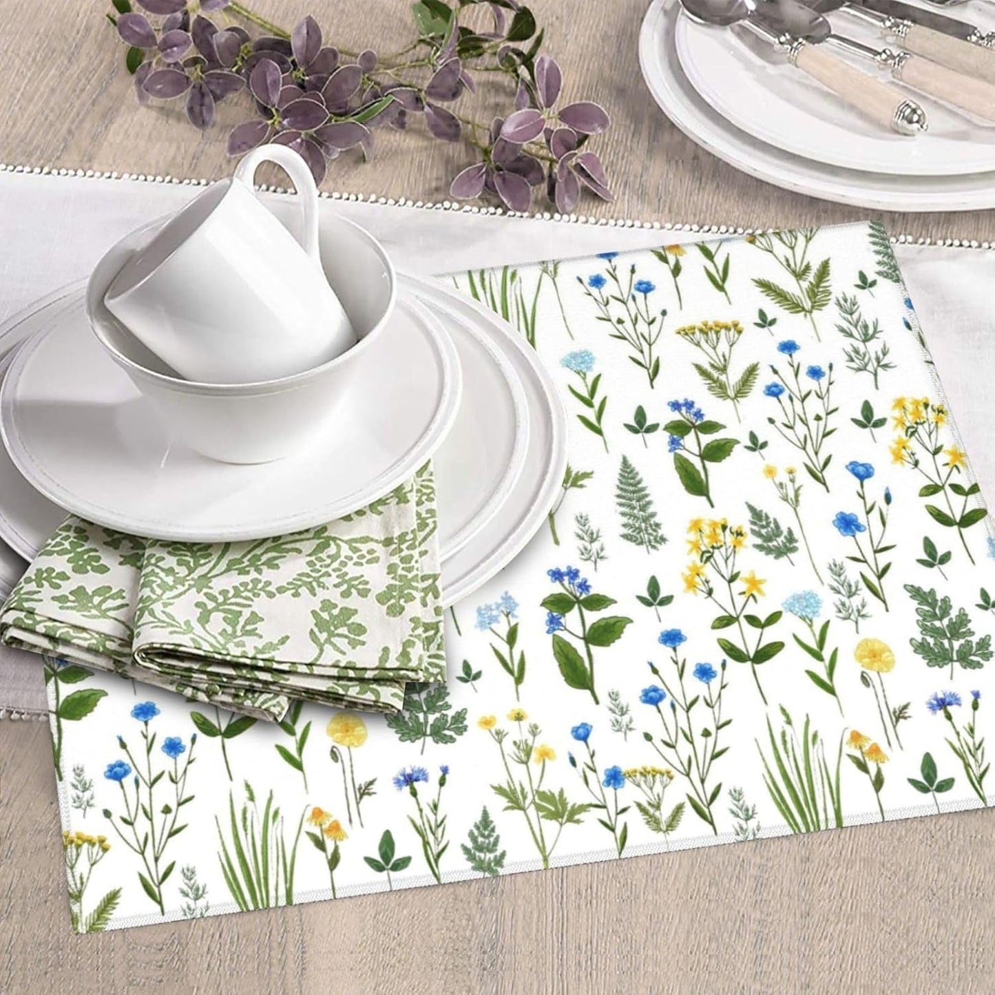 Blue Yellow Wildflower Dish Drying Mats for Kitchen Counter, Vintage Botanic Fern Leaves Floral Kitchen Drainer Pad, Absorbent Microfiber Reusable Washable Dish Draining Mats, Home Decor, 16 x 18 inch