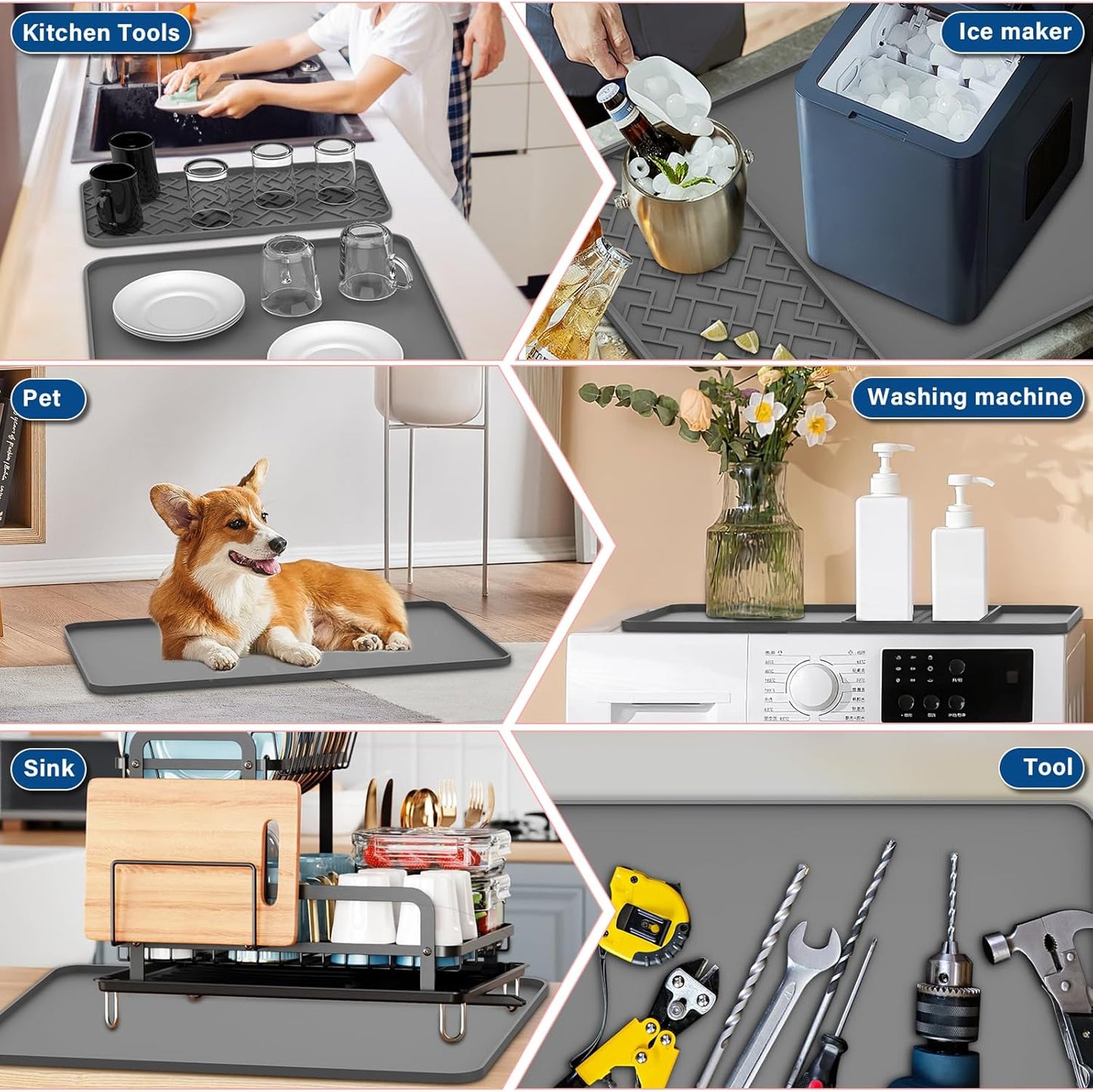 Silicone Coffee Mat - Removable Bar Mat with Concave and Convex Design, Leak-Proof and Non-Slip, Suitable for Use Under the Coffee Machine to Keep the Countertop Clean (Grey24"x16")