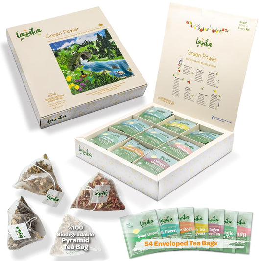 Lazika Green Tea Variety Pack with Lovely Presentation Box, 54 Counts, Green Tea Assortment Gift Set, Premium Collection with Pyramid Infuser Bag, Early Harvest, Handcrafted