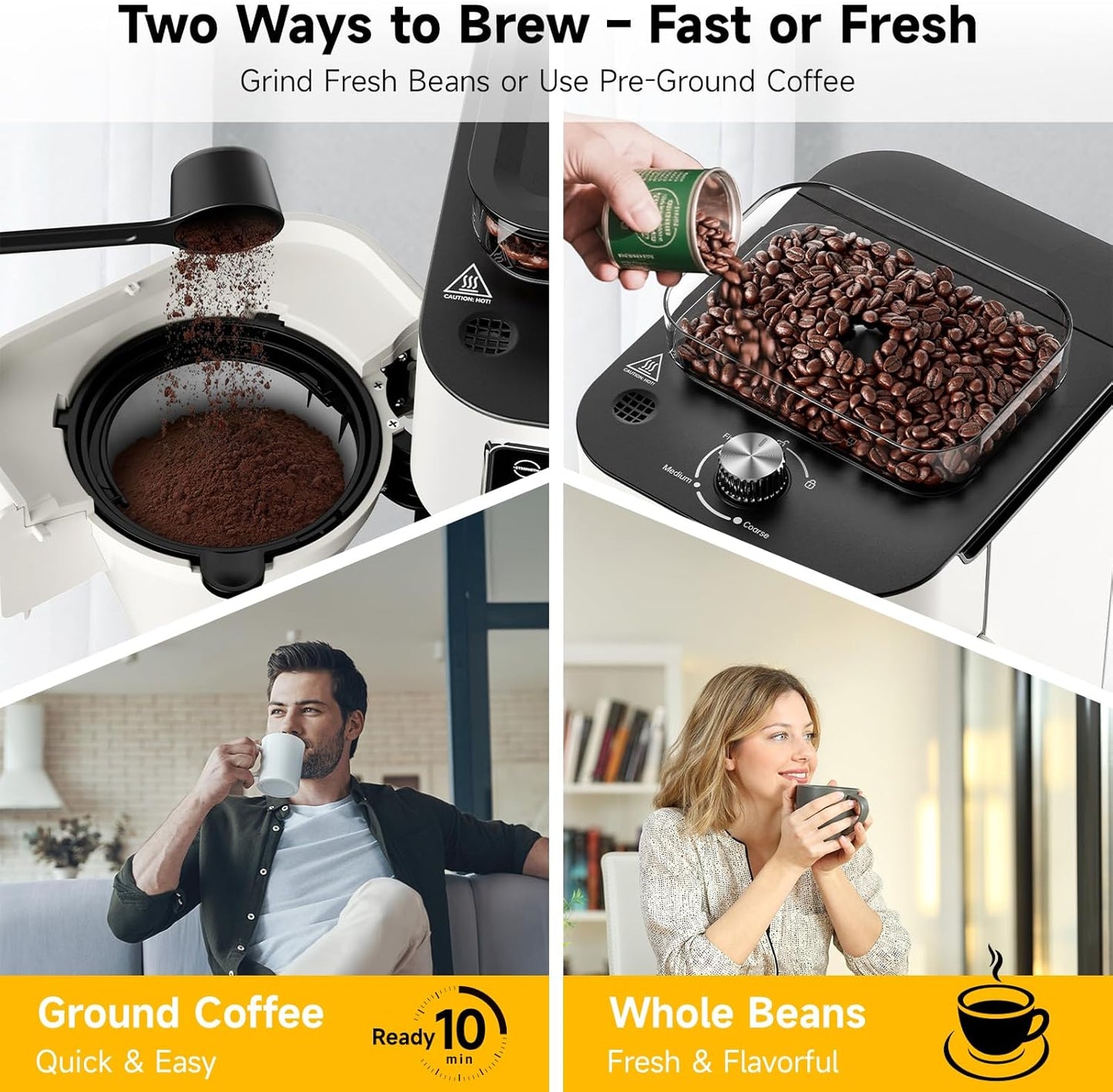 Drip Coffee Maker with Built-in Grinder, 10-Cup Programmable Brew Coffee Machine with Timer, Touch Screen, Self-Cleaning, Reusable Filter, 1.5L Removable Water Tank, Warming Plate, White