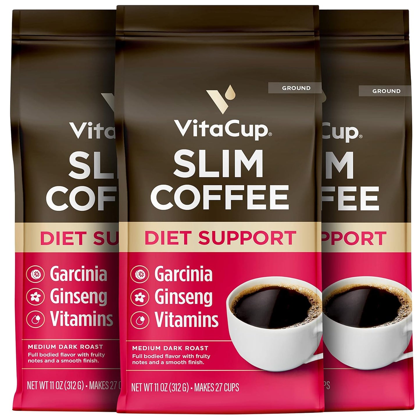 VitaCup Slim Ground Coffee, Diet Support with Ginsen, B Vitamins, Medium Dark Roast, Bold and Smooth,100% Arabica Specialty Coffee Grounds, 3 bags, 11oz each