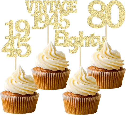 Gyufise 24Pcs 80th Birthday Cupcake Toppers Glitter Cheers to 80 Fabulous Eighty Vintage 1945 Cupcake Picks 80th Birthday Wedding Anniversary Party Cake Decorations Supplies Gold
