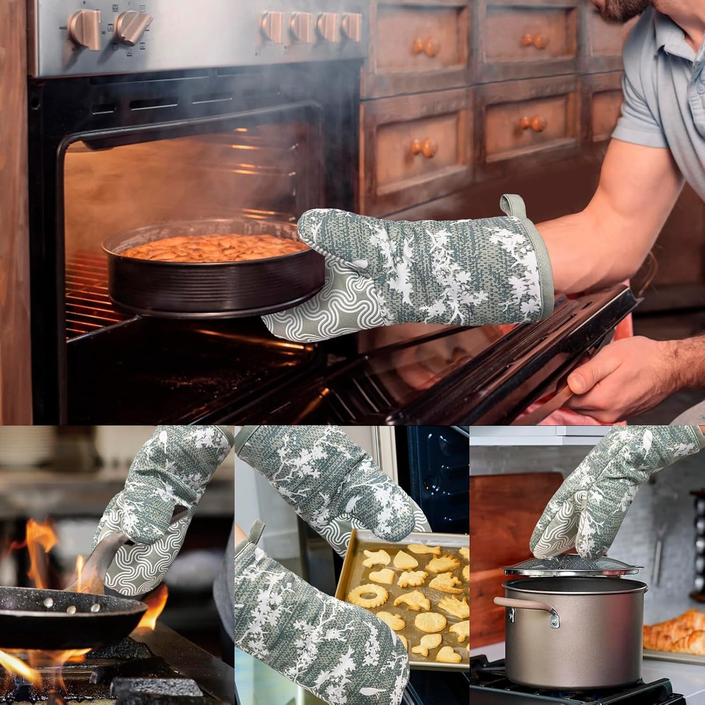 Thumb Oven Mitts, Heat and Slip Resistant Silicone Kitchen Mittens 2-Pack Set, Aqua Birds Soft Long Oven Gloves, Flexible Thick Potholders for Safe Baking Cooking and Grilling (Aqua)