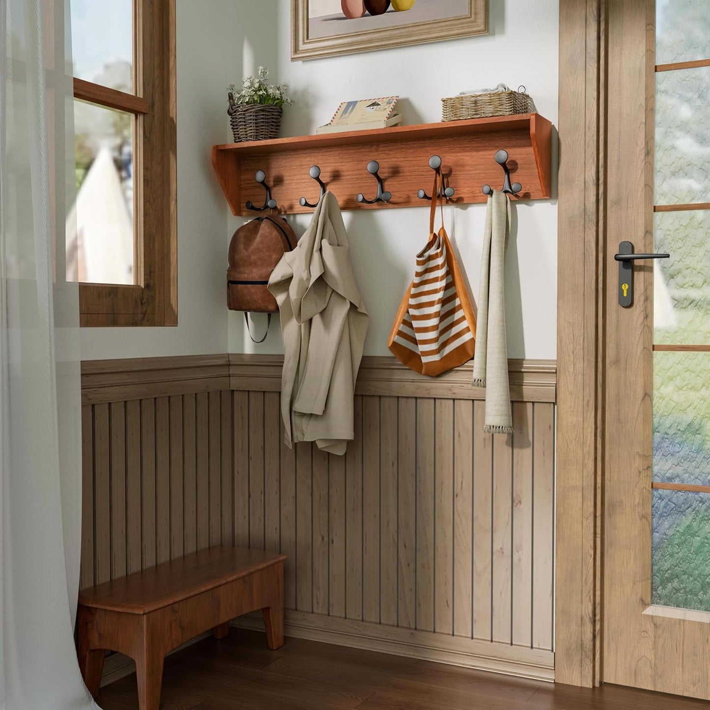 SKOLOO Wall Shelf with Hooks, 35-Inch Cherry Coat Rack Wall Mount with Shelf Organizer - Lightweight & Sturdy, 5 Tri Hooks - Perfect for Entryway, Hallway, Living Room, Bedroom, Mudroom