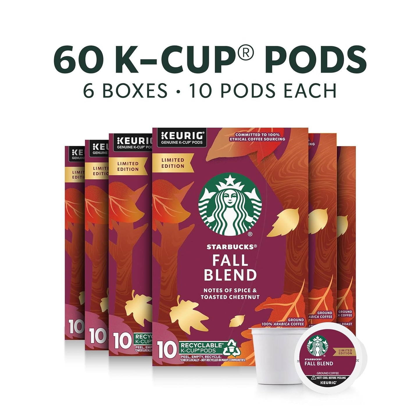 Starbucks K-Cup Coffee Pods, Medium Roast Coffee for Keurig Coffee Makers, Fall Blend, 100% Arabica, Limited Edition, 6 Boxes (60 Pods Total)